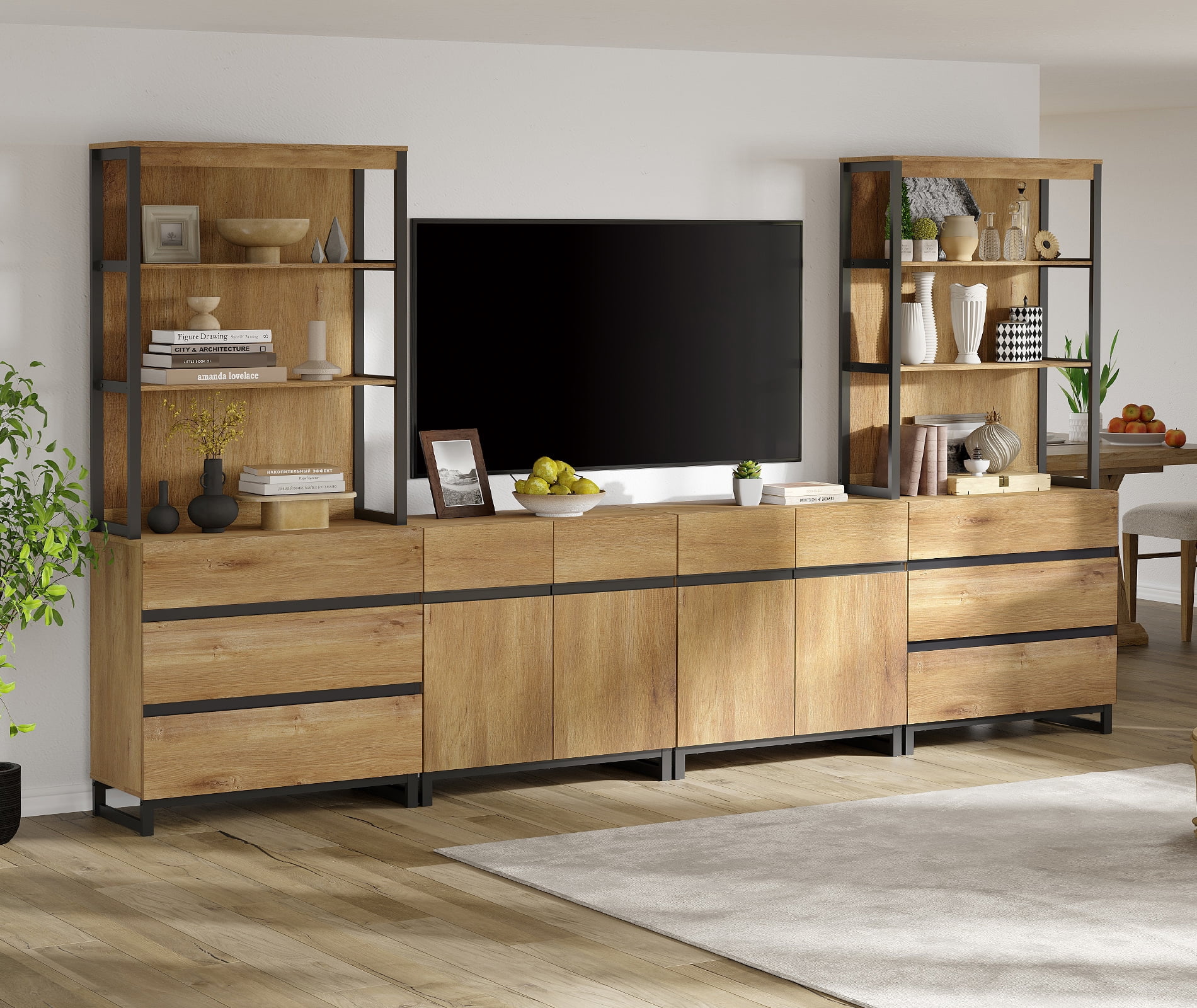 WAMPAT Modern Farmhouse TV Stand with 3-Tier Open Bookshelf, 2 Storage Cabinets & 6 Drawers, Wooden Media Console with Black Metal Legs for Living Room, Oak