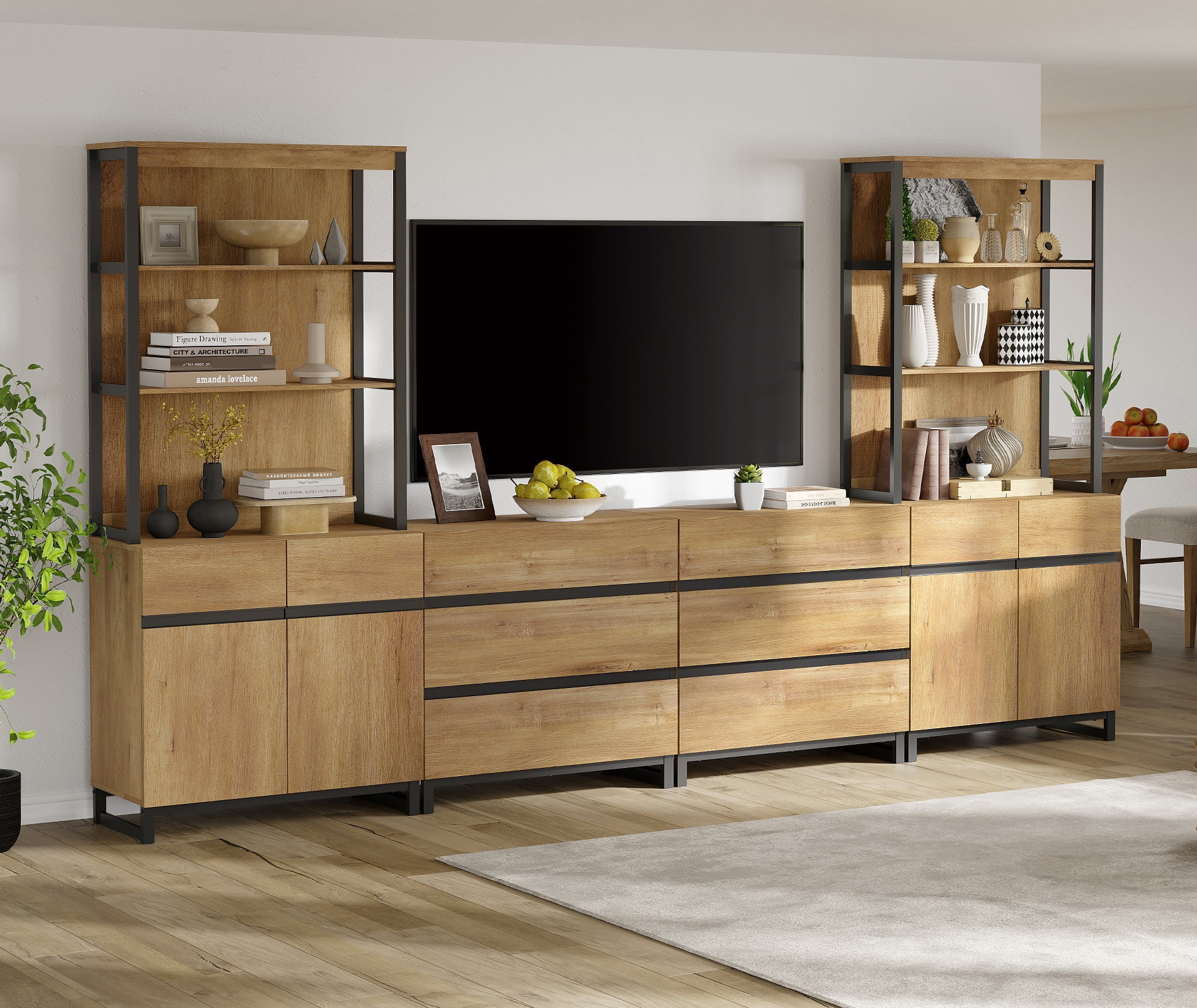 WAMPAT Modern Farmhouse TV Stand with 3-Tier Open Bookshelf, 2 Storage Cabinets & 6 Drawers, Wooden Media Console with Black Metal Legs for Living Room, Oak