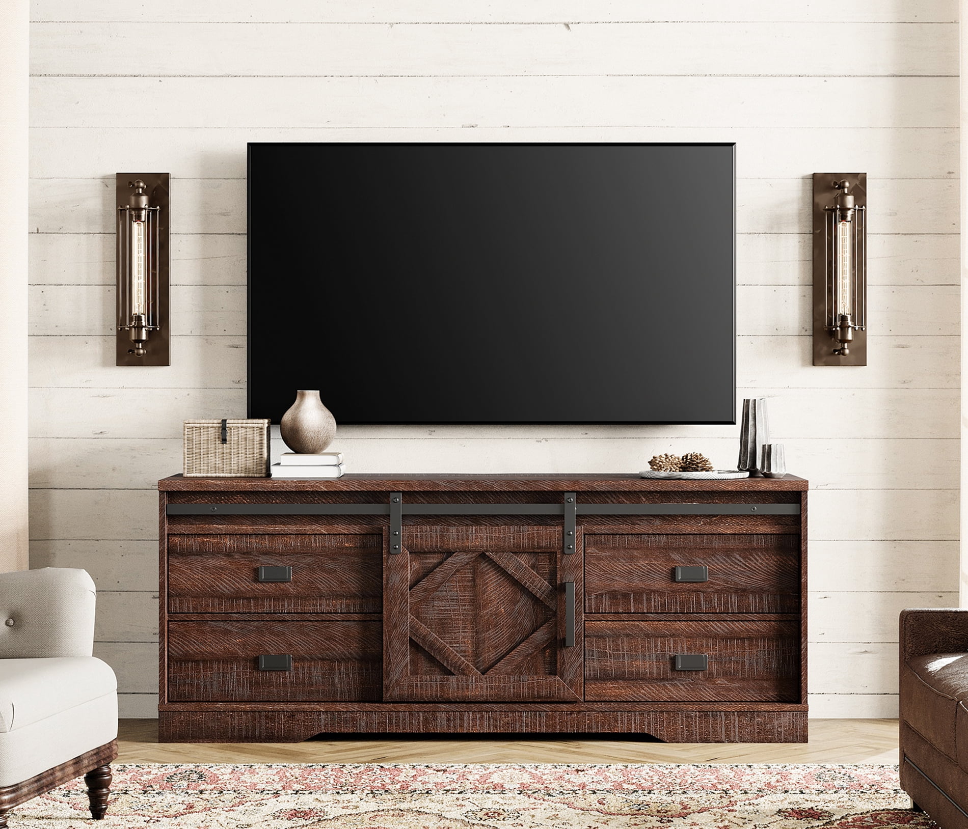 Wampat Modern Farmhouse TV Stand for 65" TV Rustic Brown Wood with Barn Door, Drawers & Storage