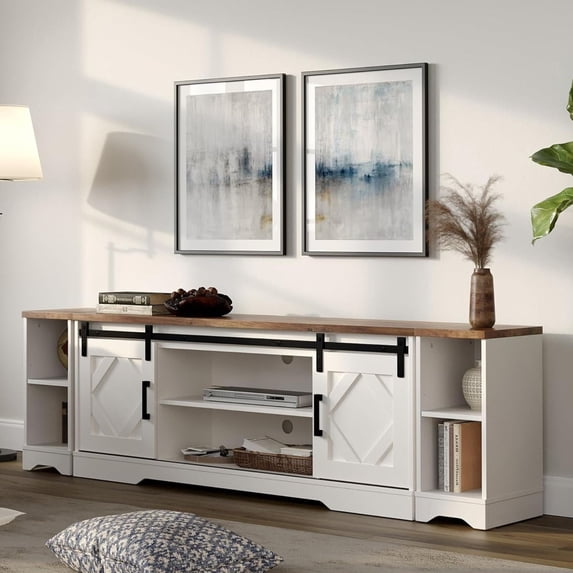 WAMPAT Modern Farmhouse TV Stand for up to 85" TVs, Wood Entertainment Center with Sliding Barn Door & Adjustable Shelf for Living Room, Antique White