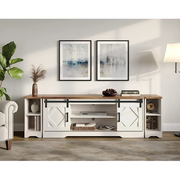 WAMPAT Modern Farmhouse TV Stand for up to 85" TVs Wood Entertainment Center with Open Storage for Living Room, White