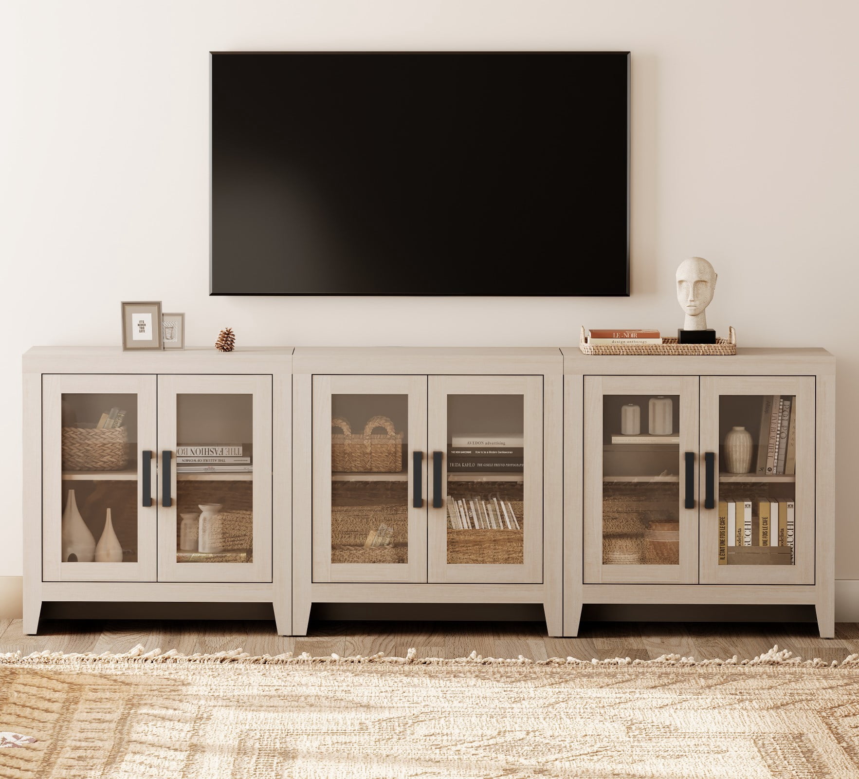WAMPAT Modern Farmhouse TV Stand up to 100"TV, Entertainment Center with Tempered Glass Doors & Adjustable Shelves, Beige