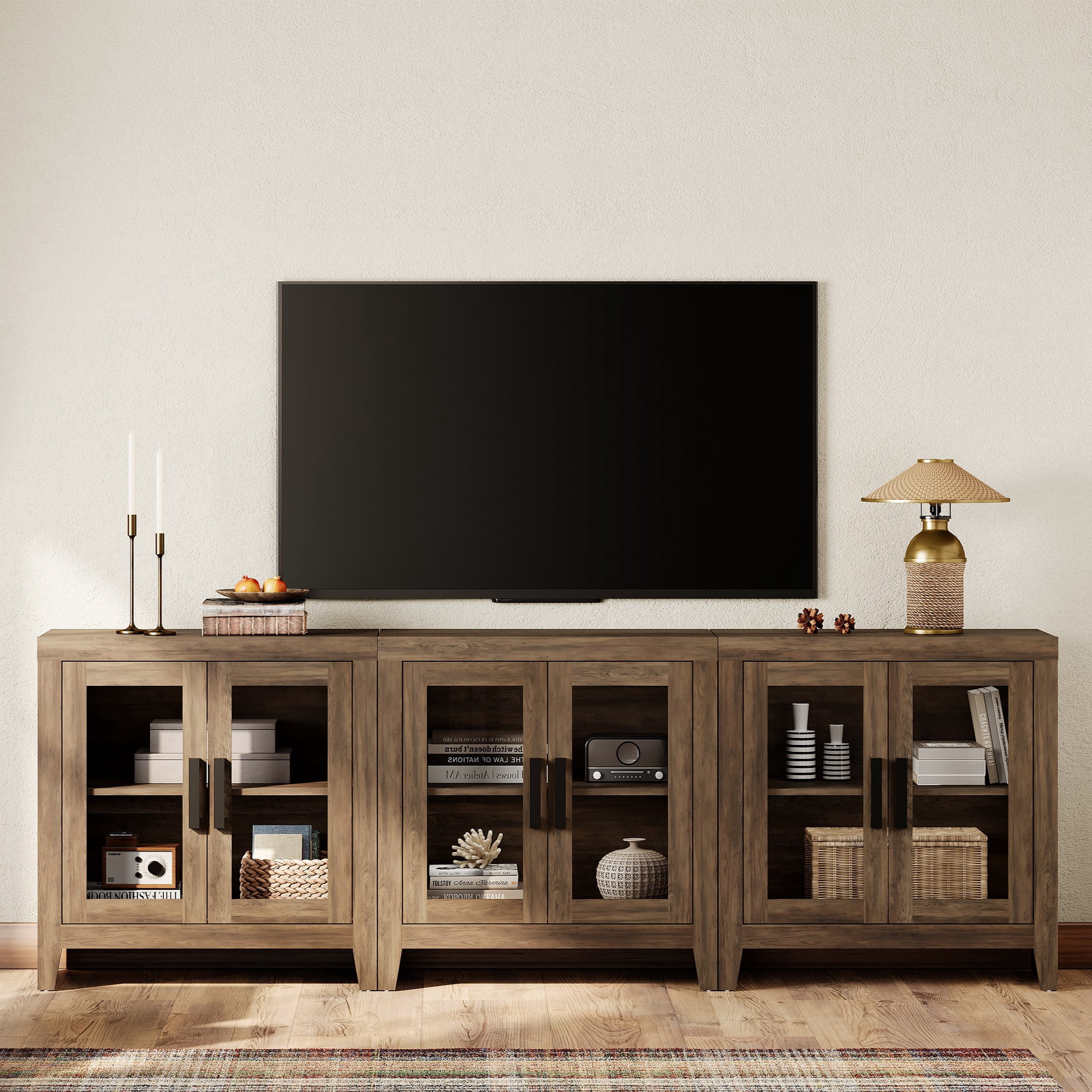 WAMPAT Modern Farmhouse TV Stand up to 100"TV, Entertainment Center with Tempered Glass Doors & Adjustable Shelves, Brown