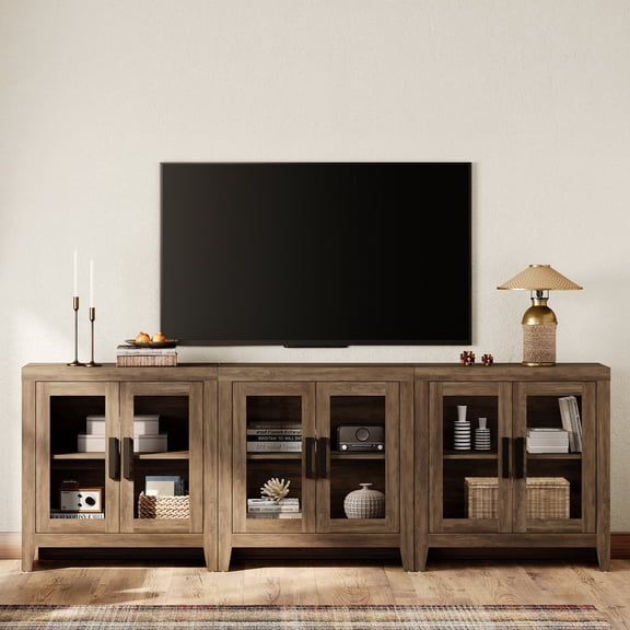 WAMPAT Modern Farmhouse TV Stand up to 100"TV, Entertainment Center with Tempered Glass Doors & Adjustable Shelves, Brown