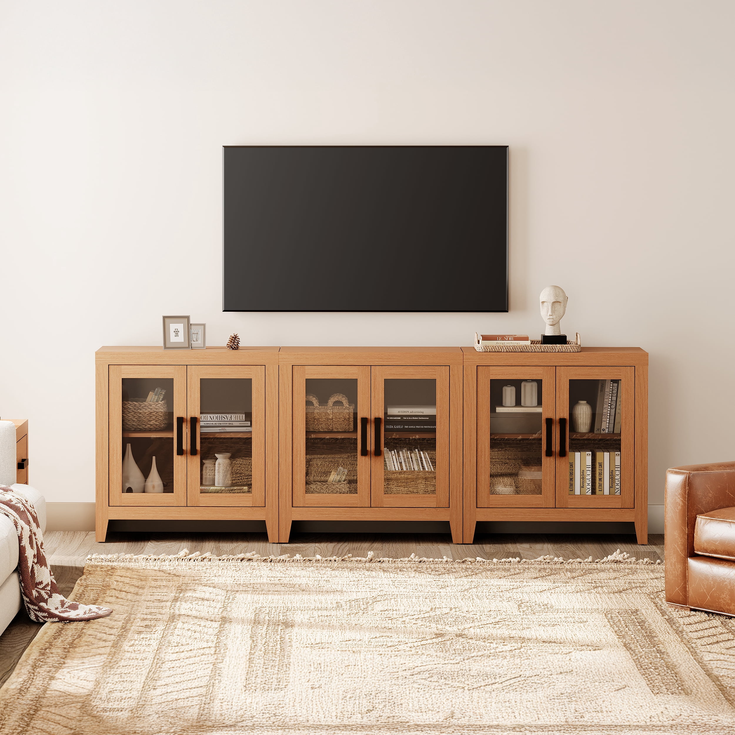 WAMPAT Modern Farmhouse TV Stand up to 100"TV, Entertainment Center with Tempered Glass Doors & Adjustable Shelves, Mocha