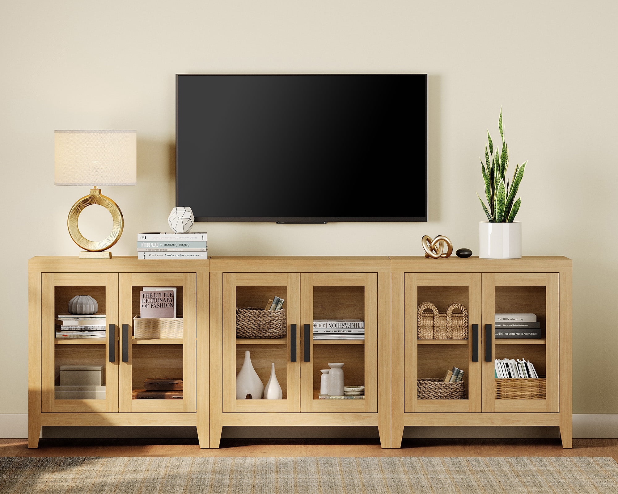 WAMPAT Modern Farmhouse TV Stand up to 100"TV, Entertainment Center with Tempered Glass Doors & Adjustable Shelves, Oak