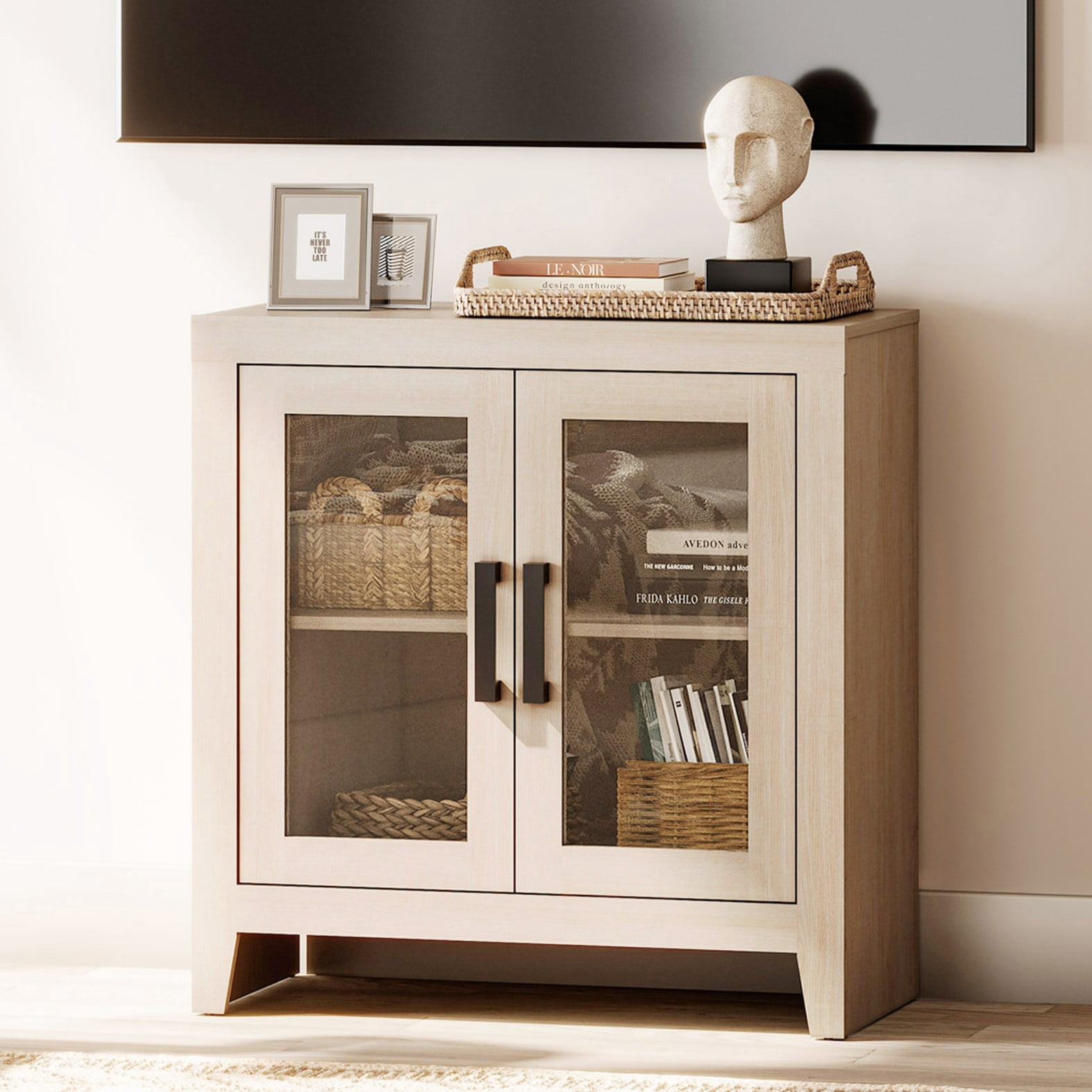 WAMPAT Modern Farmhouse TV Stand up to 40"TV, Entertainment Center with Tempered Glass Doors & Adjustable Shelves, Beige