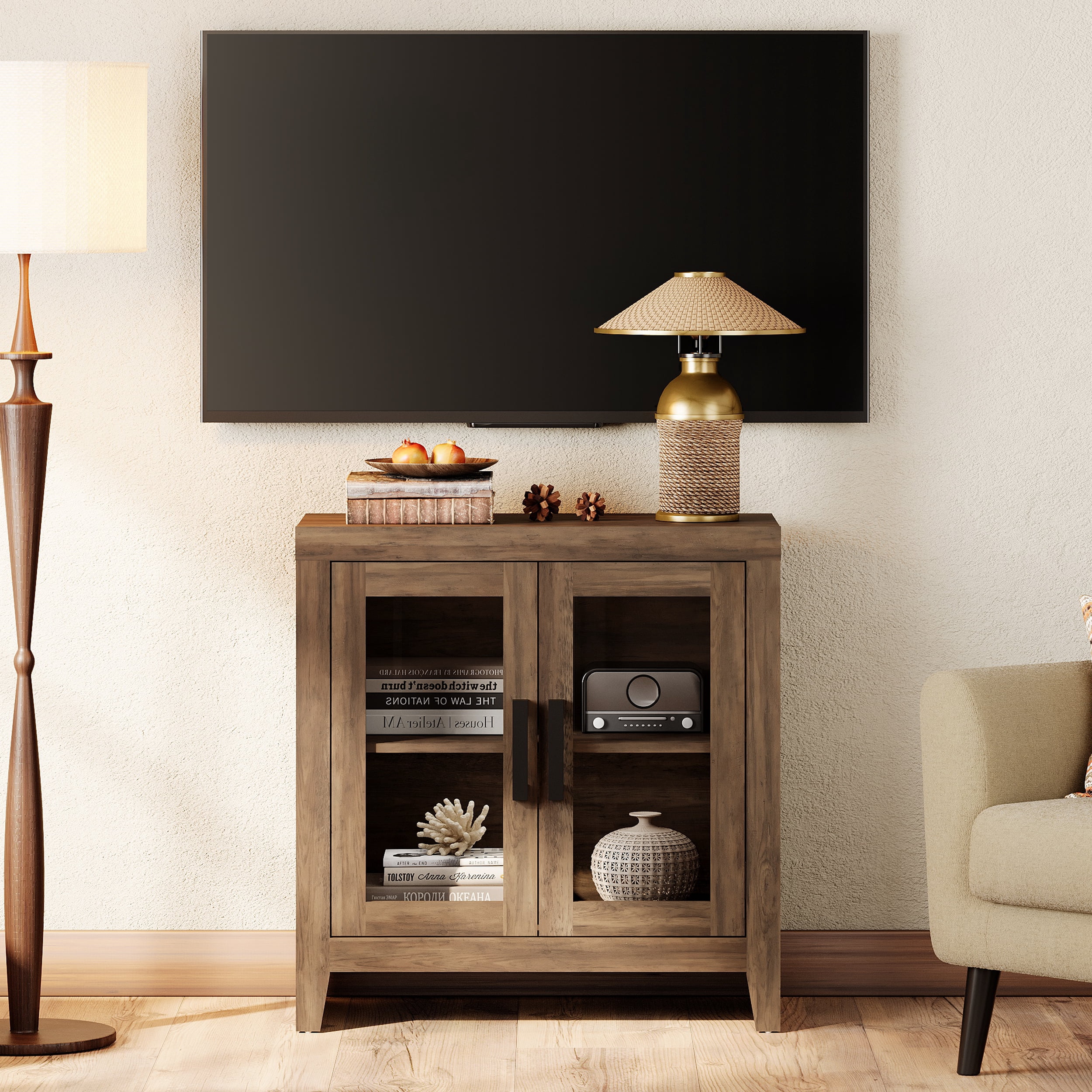 WAMPAT Modern Farmhouse TV Stand up to 40"TV, Entertainment Center with Tempered Glass Doors & Adjustable Shelves, Brown