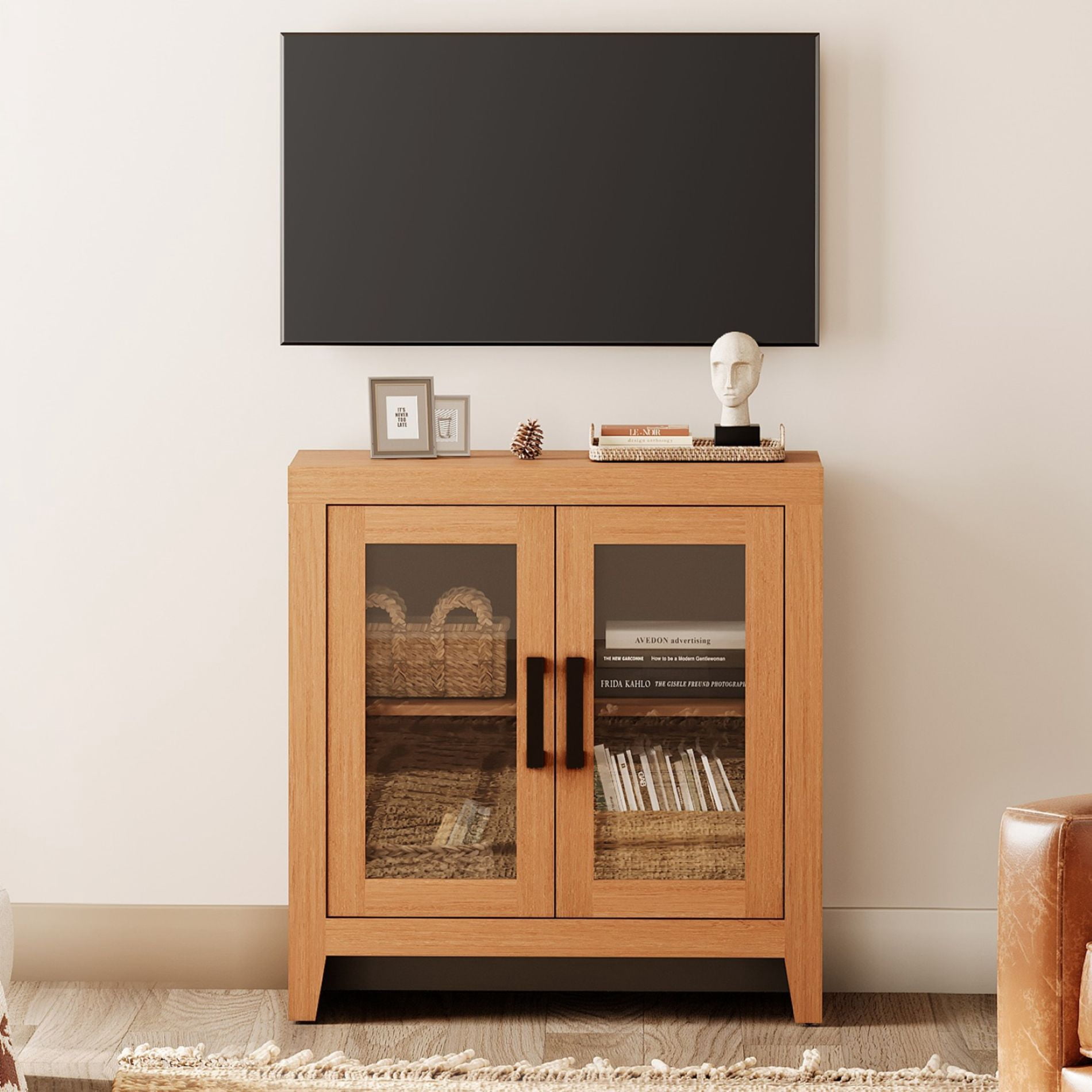 WAMPAT Modern Farmhouse TV Stand up to 40"TV, Entertainment Center with Tempered Glass Doors & Adjustable Shelves, Mocha