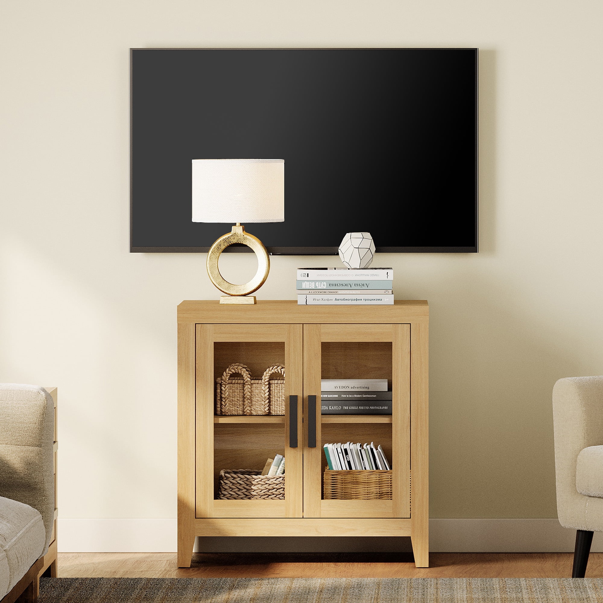 WAMPAT Modern Farmhouse TV Stand up to 40"TV, Entertainment Center with Tempered Glass Doors & Adjustable Shelves, Oak