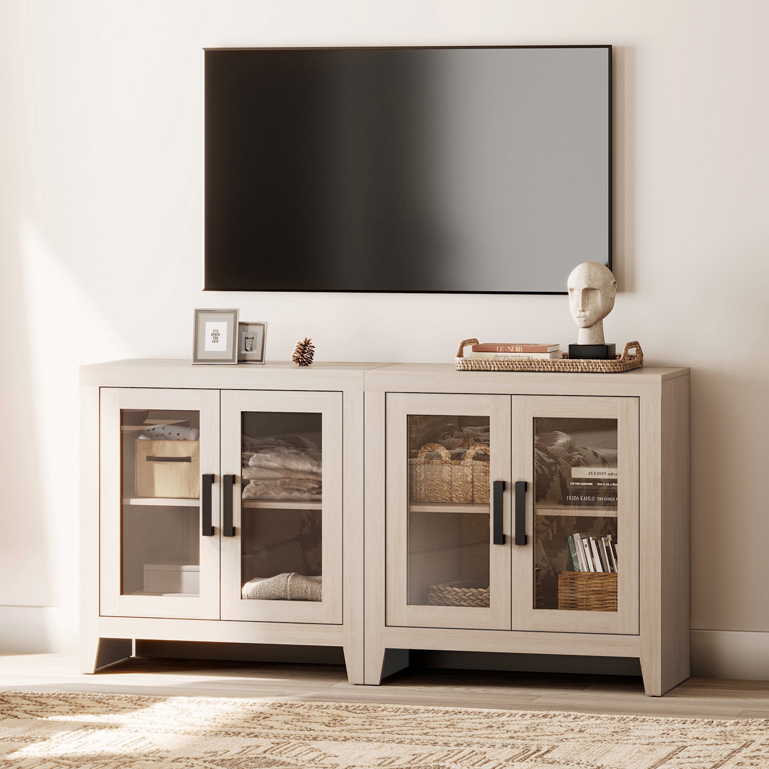 WAMPAT Modern Farmhouse TV Stand up to 70"TV, Entertainment Center with Tempered Glass Doors & Adjustable Shelves, Beige