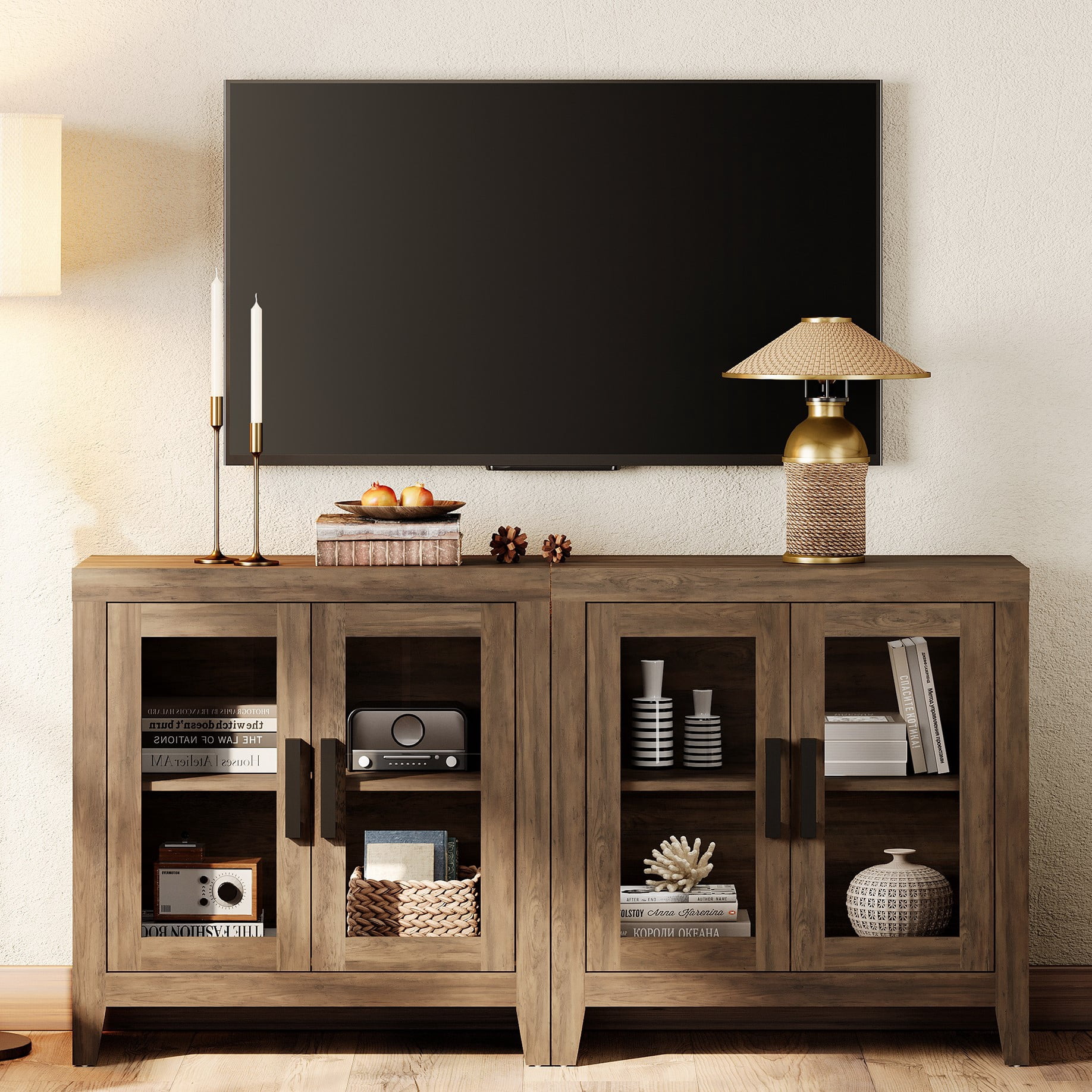WAMPAT Modern Farmhouse TV Stand up to 70"TV, Entertainment Center with Tempered Glass Doors & Adjustable Shelves, Brown