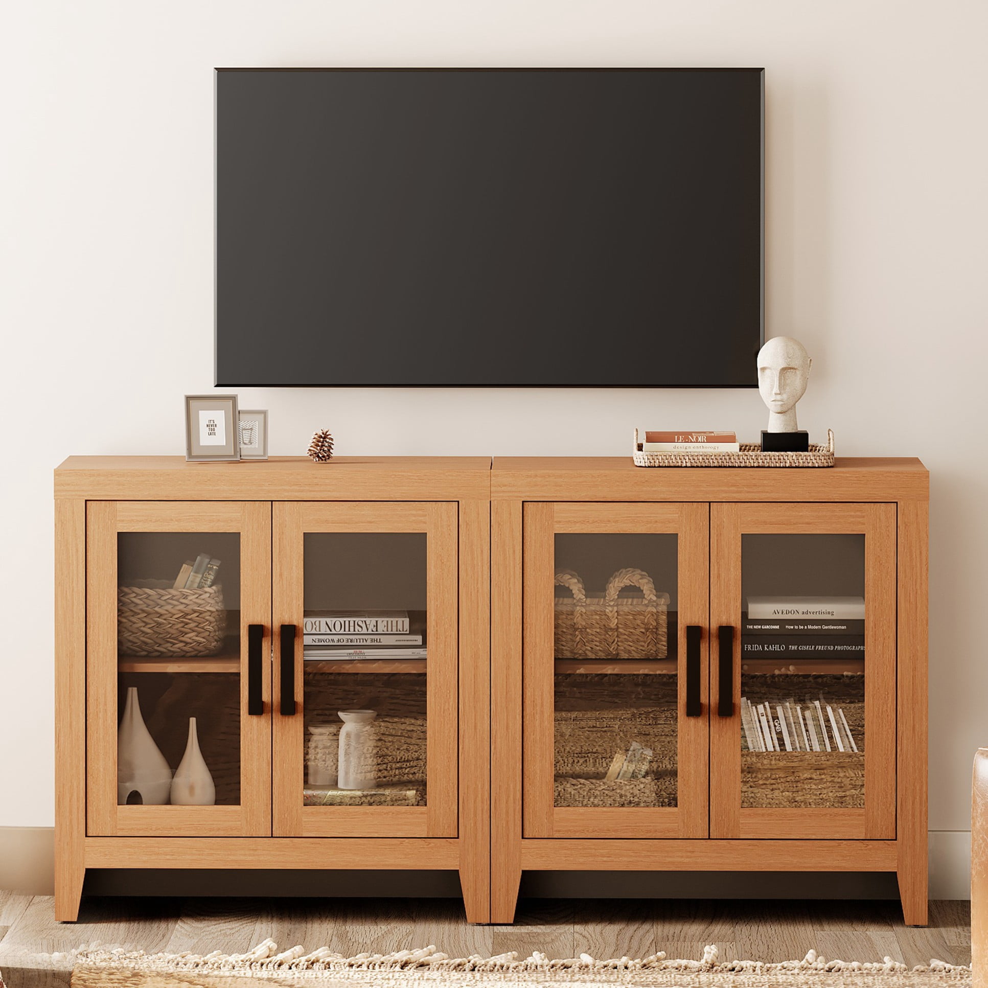 WAMPAT Modern Farmhouse TV Stand up to 70"TV, Entertainment Center with Tempered Glass Doors & Adjustable Shelves, Mocha