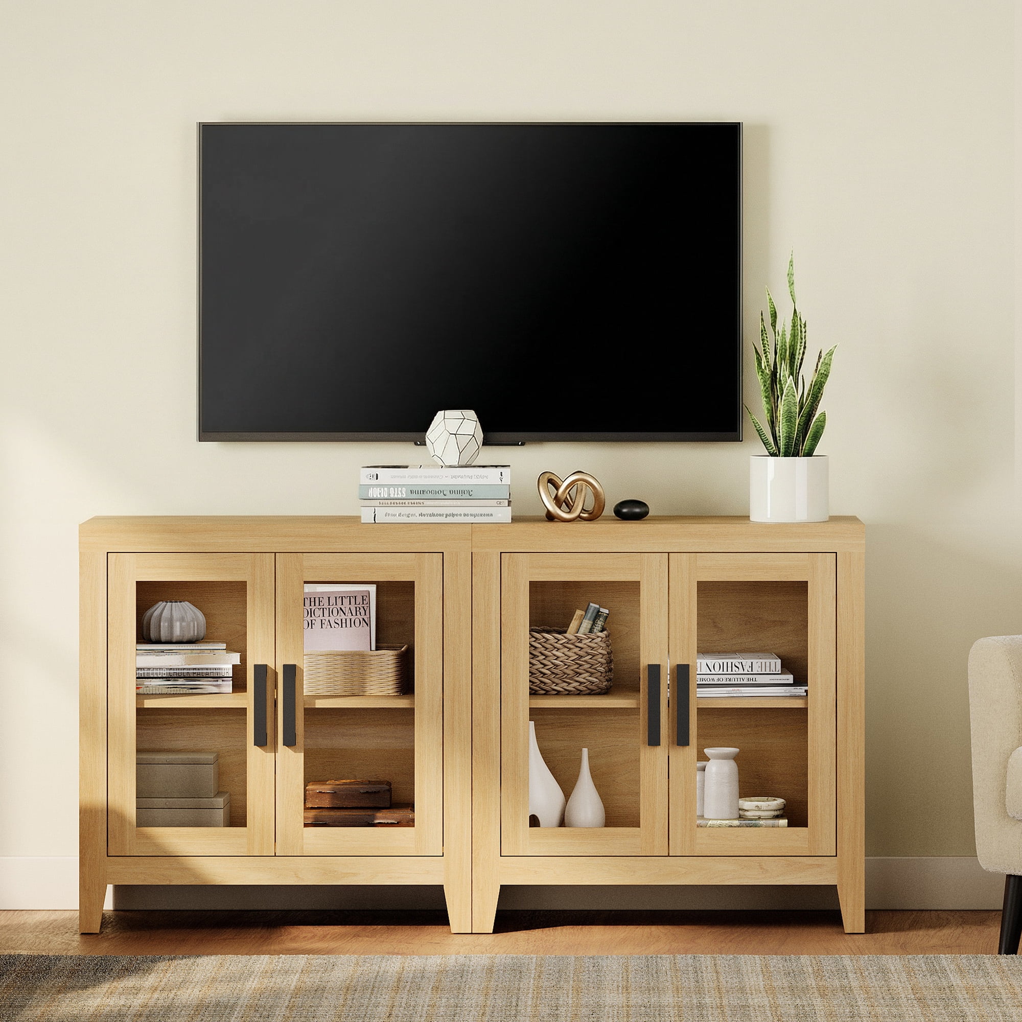 WAMPAT Modern Farmhouse TV Stand up to 70"TV, Entertainment Center with Tempered Glass Doors & Adjustable Shelves, Oak
