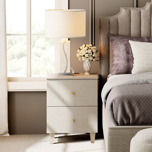 WAMPAT Modern Nightstand with Charging Station, Wooden End Table with 2 Large Drawers, Small Bedside Table for Bedroom, Beige Linen Printed