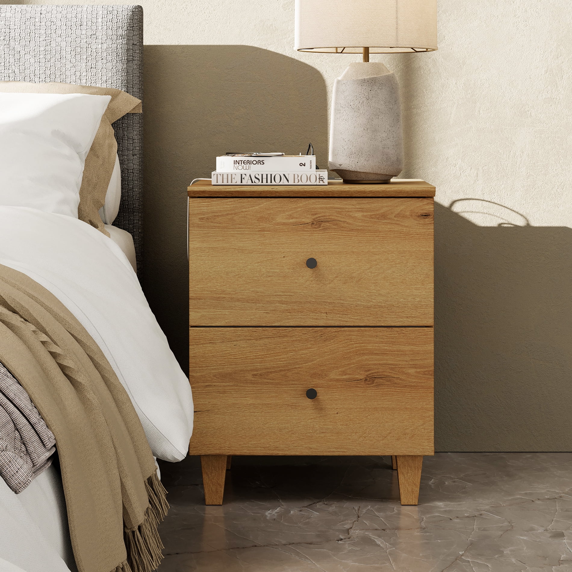 WAMPAT Modern Nightstand with Charging Station, Wooden End Table with 2 Large Drawers, Small Bedside Table for Bedroom, Dark Brown Wood