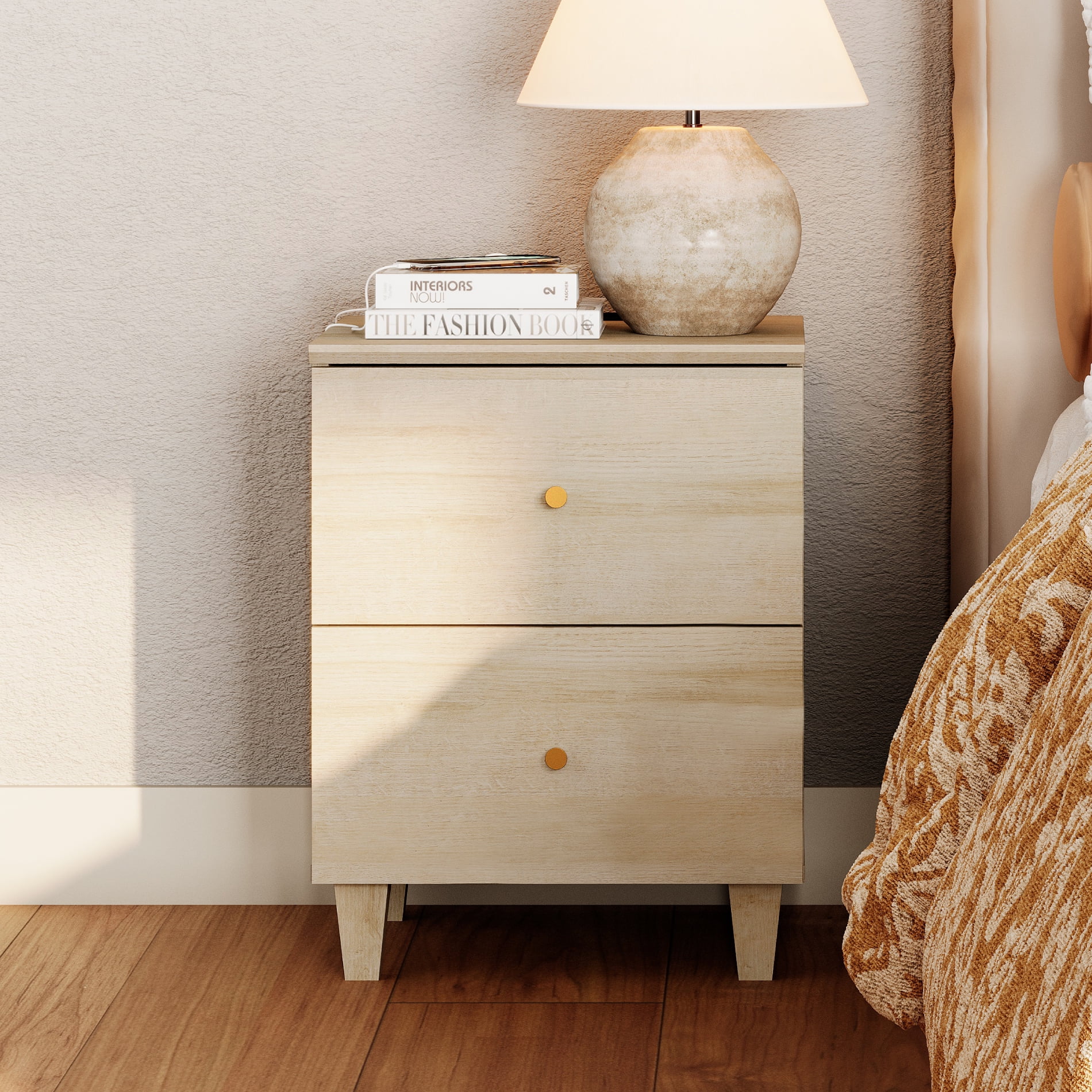 WAMPAT Modern Nightstand with Charging Station, Wooden End Table with 2 Large Drawers, Small Bedside Table for Bedroom, Natural Oak