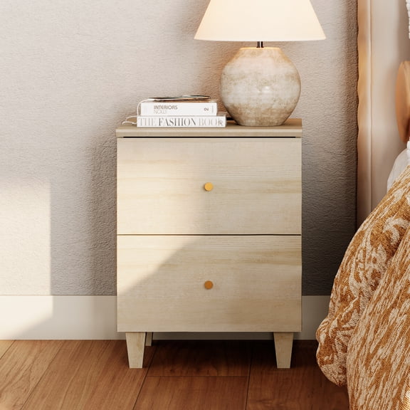 WAMPAT Modern Nightstand with Charging Station, Wooden End Table with 2 Large Drawers, Small Bedside Table for Bedroom, Natural Oak