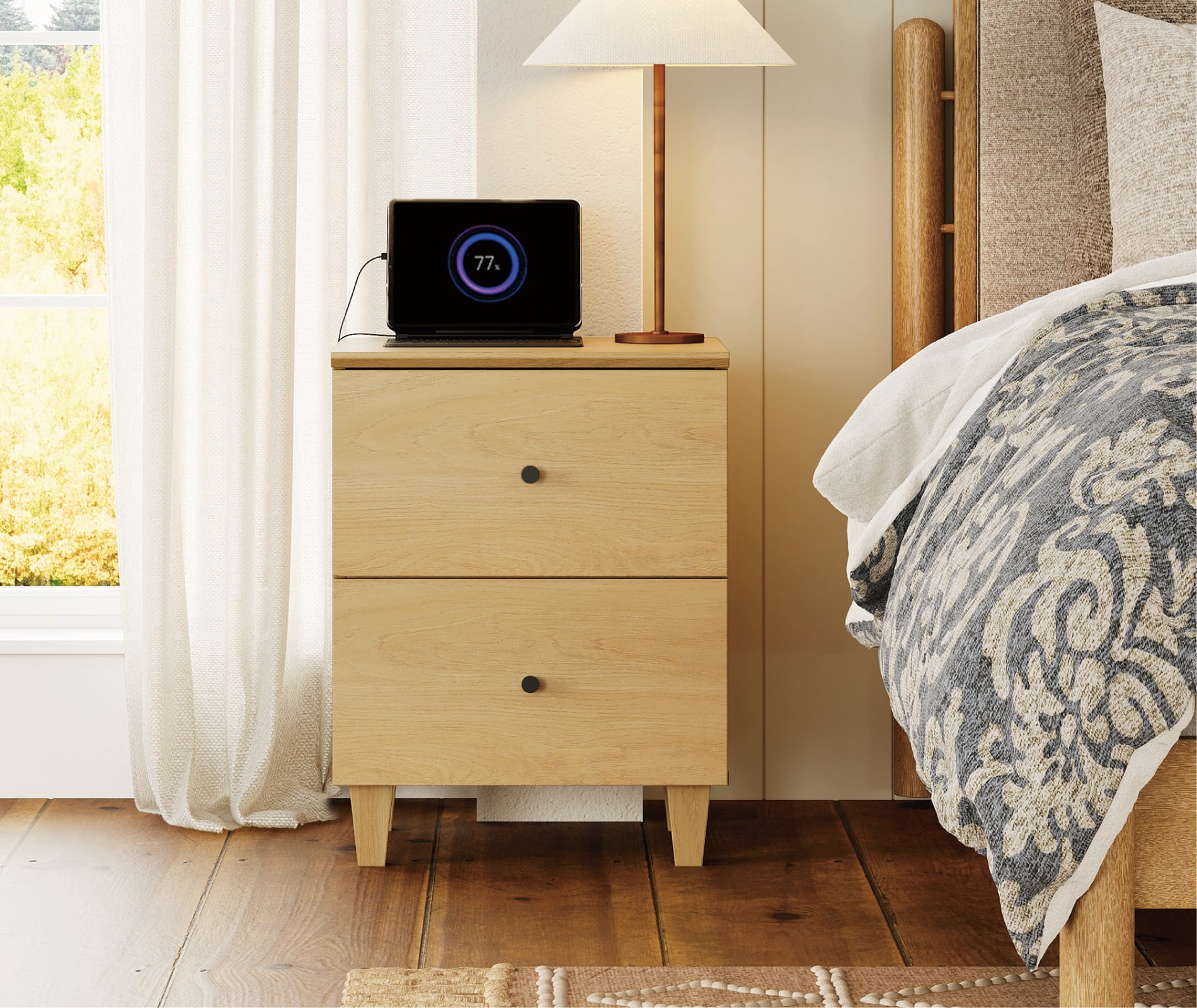 WAMPAT Modern Nightstand with Charging Station, Wooden End Table with 2 Large Drawers, Small Bedside Table for Bedroom, Oak Wood
