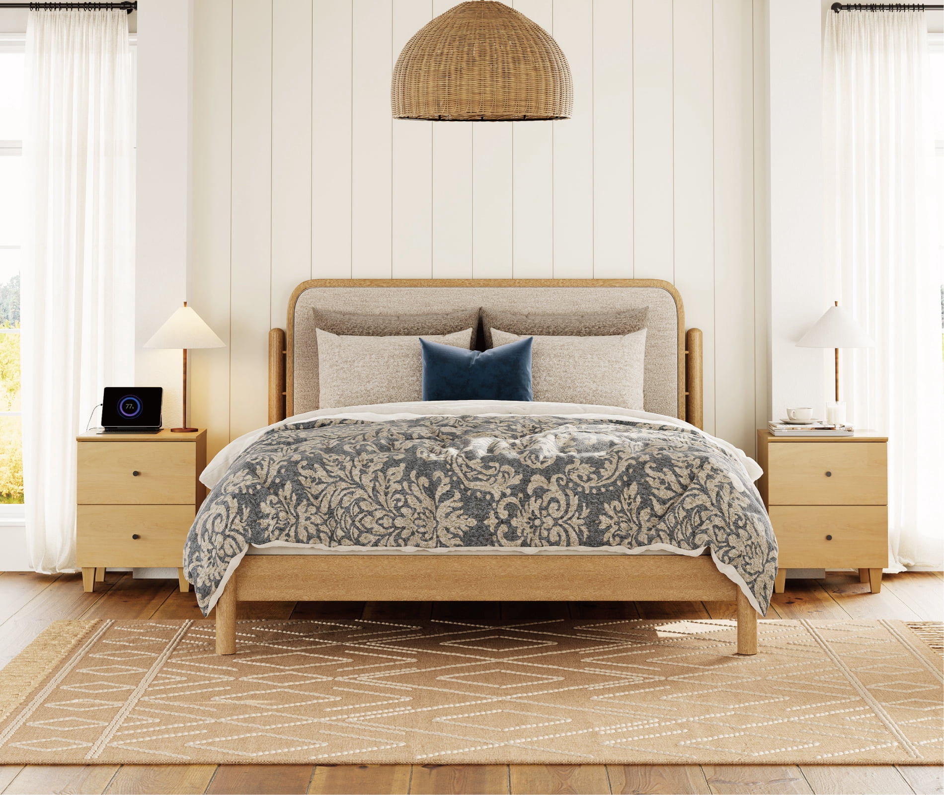 WAMPAT Modern Nightstands Set of 2, Wooden Bedside Tables with 2 Large Drawers and Charging Station, Small End Tables for Bedroom, Oak Wood