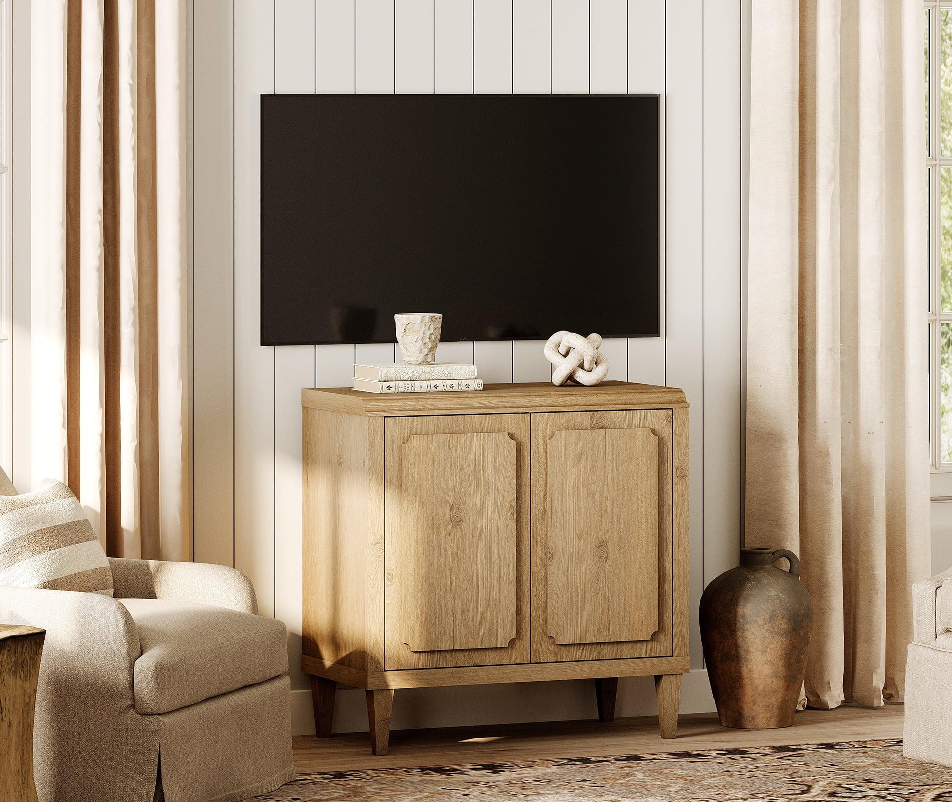 WAMPAT Modern Oak TV STAND, Wood Entertainment Center with Storage