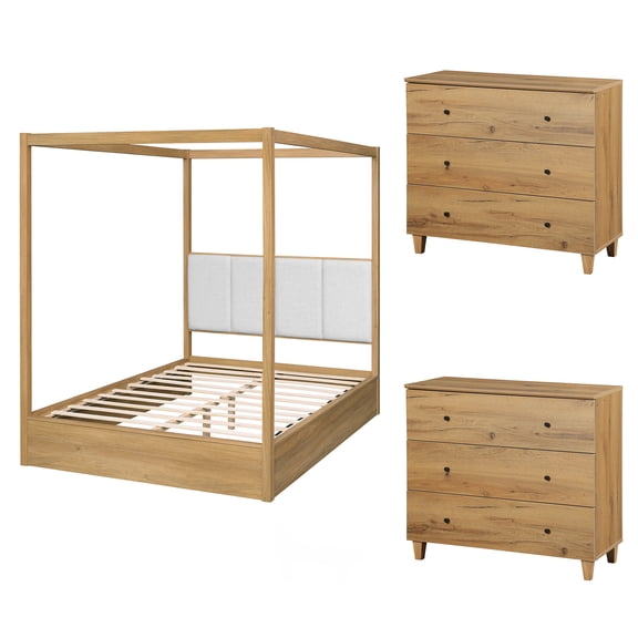 WAMPAT Modern Queen Size Canopy Bed Frame and 2-Piece Large Nightstands Set, No Box Spring Needed 4 Poster Bed with Headboard, Wooden Bedside Tables with Drawers for Bedroom, Dark Brown Wood
