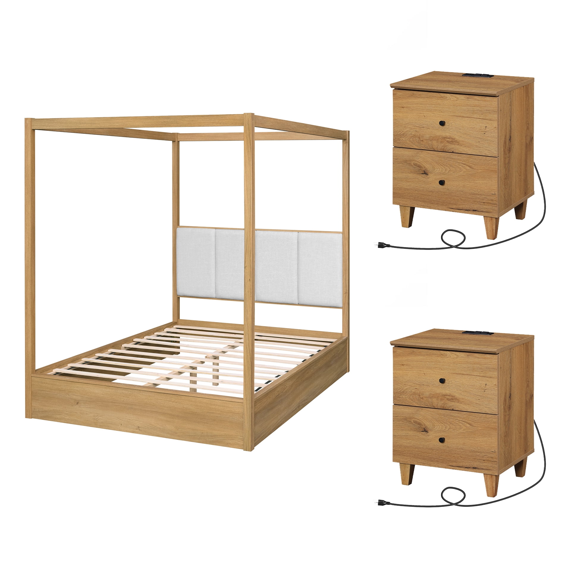 WAMPAT Modern Queen Size Canopy Bed Frame and 2-Piece Nightstands Set, No Box Spring Needed 4 Poster Bed with Headboard, Wooden Bedside Tables with Charging Station for Bedroom, Dark Brown Wood