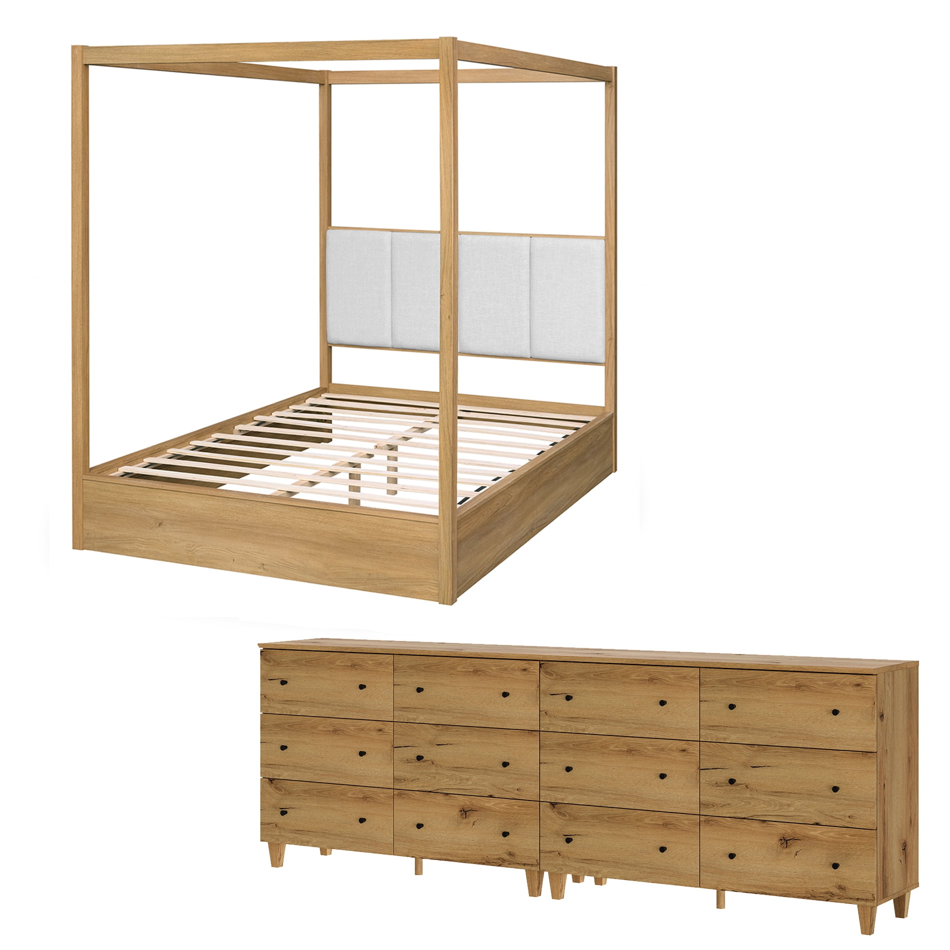 WAMPAT Modern Queen Size Canopy Bed Frame and 2-in-1 Large Dressers Set, 4 Poster Bed with Headboard, Wooden Bedside Tables with 12 Drawers for Bedroom