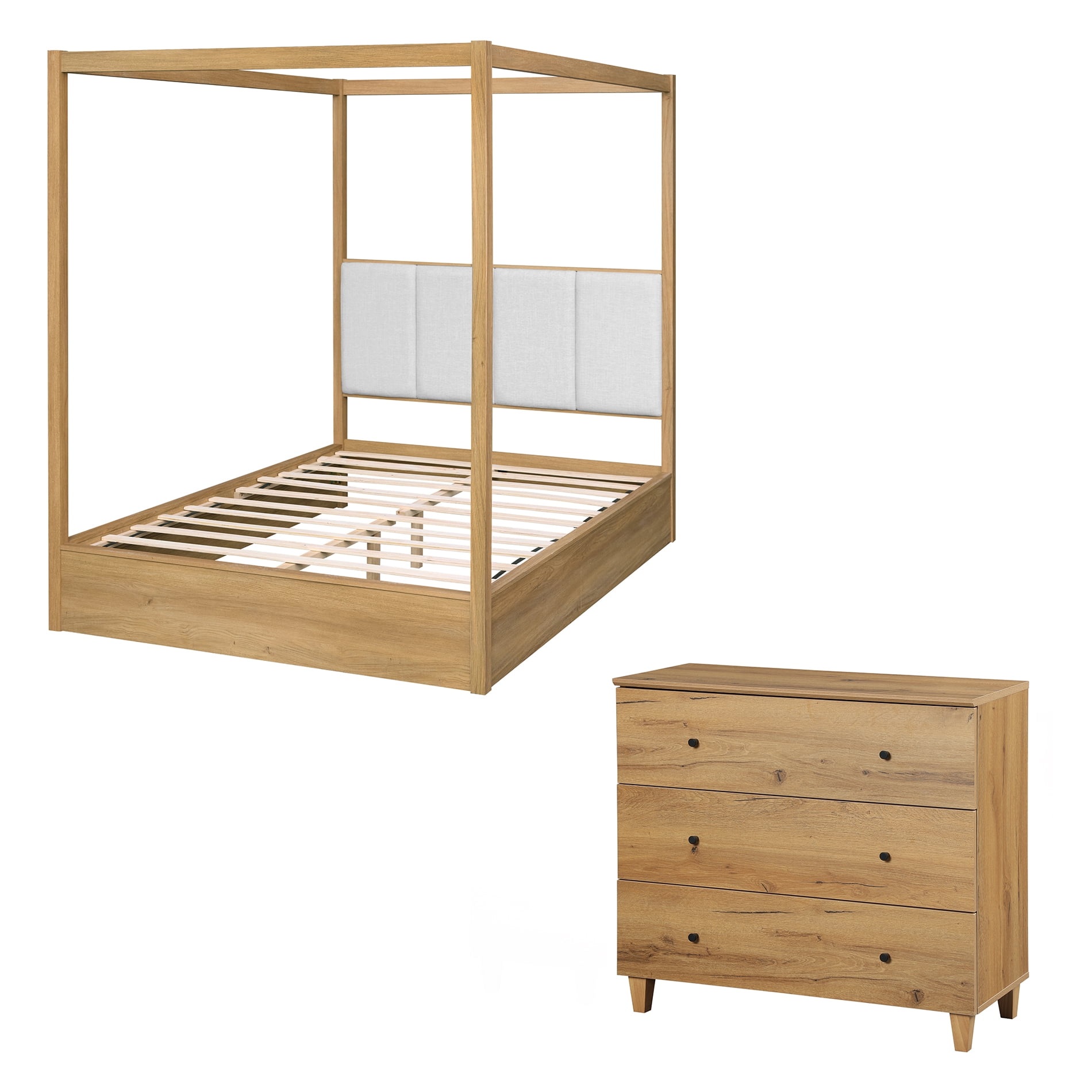 WAMPAT Modern Queen Size Canopy Bed Frame and Large Nightstand Set, No Box Spring Needed 4 Poster Bed with Headboard, Wooden Bedside Table with 3 Drawers for Bedroom, Dark Brown Wood