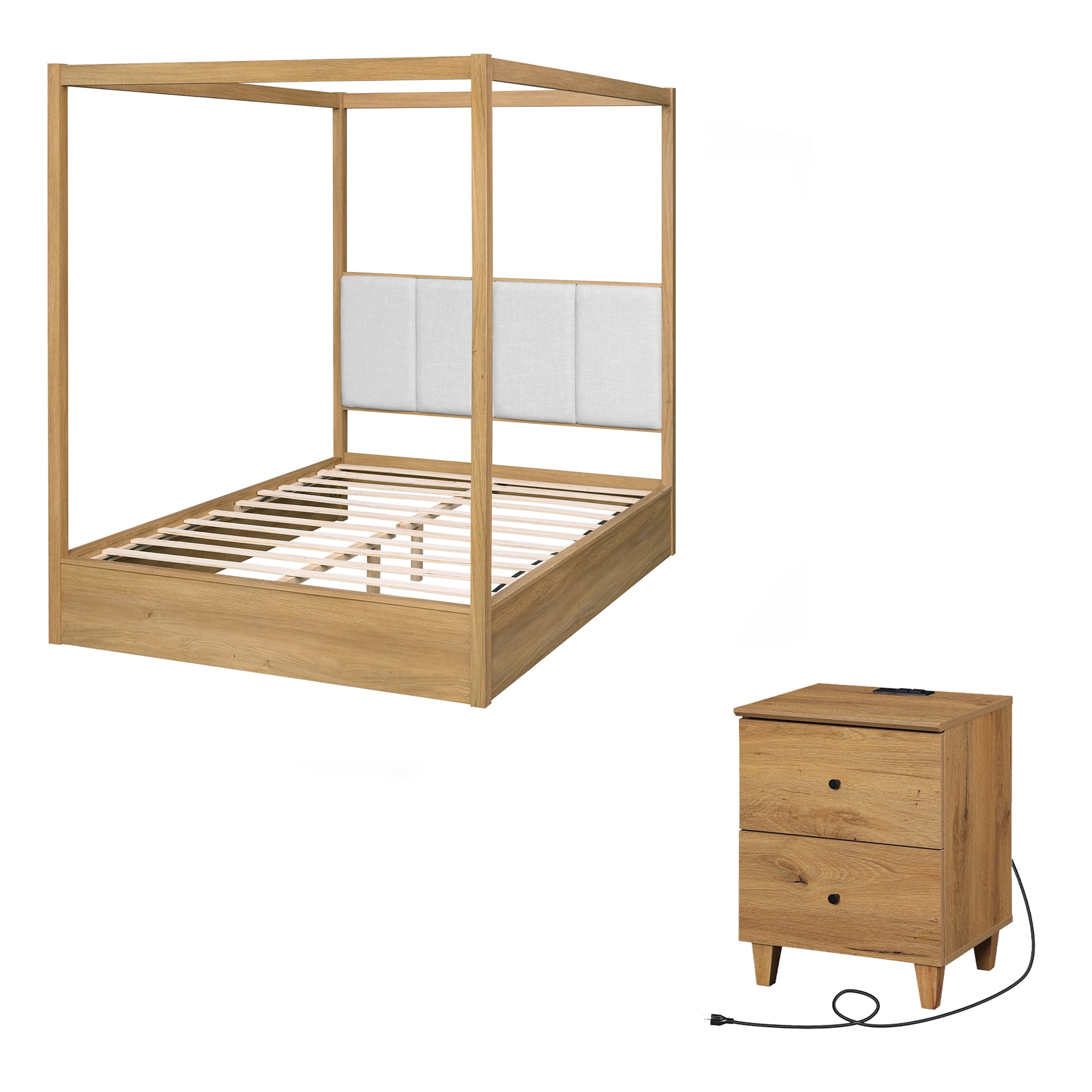 WAMPAT Modern Queen Size Canopy Bed Frame and Nightstand Set, No Box Spring Needed 4 Poster Bed with Headboard, Wooden Bedside Table with Charging Station for Bedroom, Dark Brown Wood