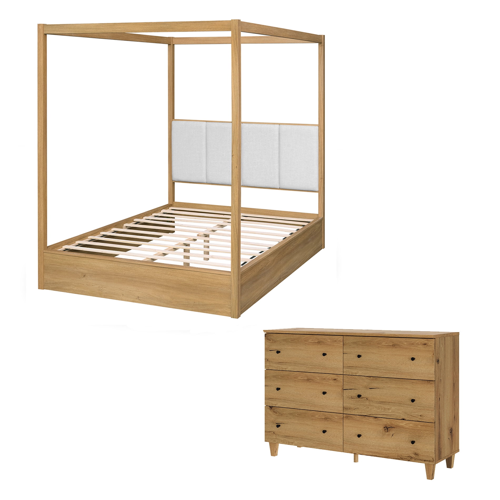WAMPAT Modern Queen Size Canopy Bed Frame and Large Dresser Set, 4 Poster Bed with Headboard, Wooden Bedside Table with 6 Drawers for Bedroom