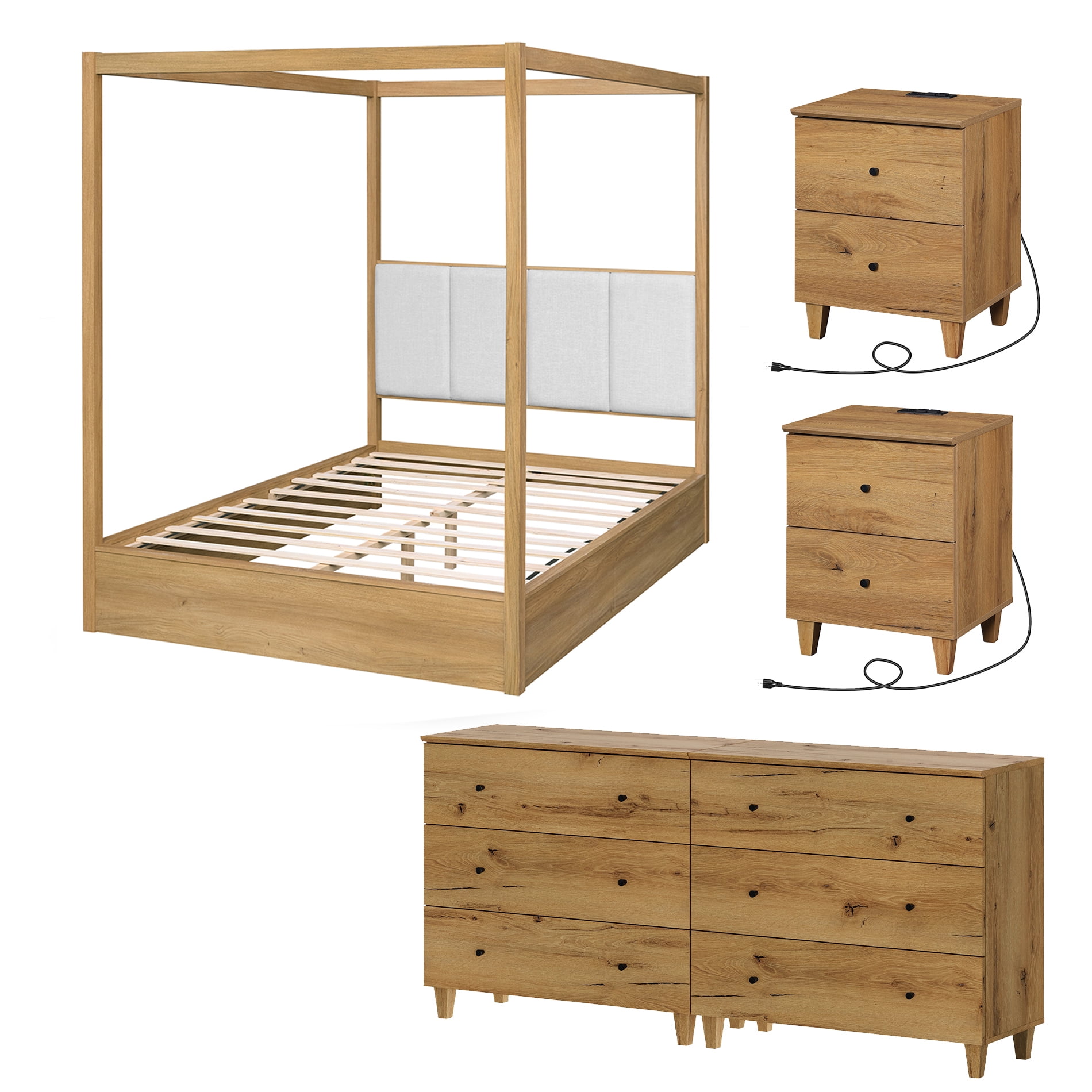 WAMPAT Modern Queen Size Canopy Bed Frame with 2 Charging Nightstands and 2-in-1 Dressers with 6 Drawers, Oak Brown