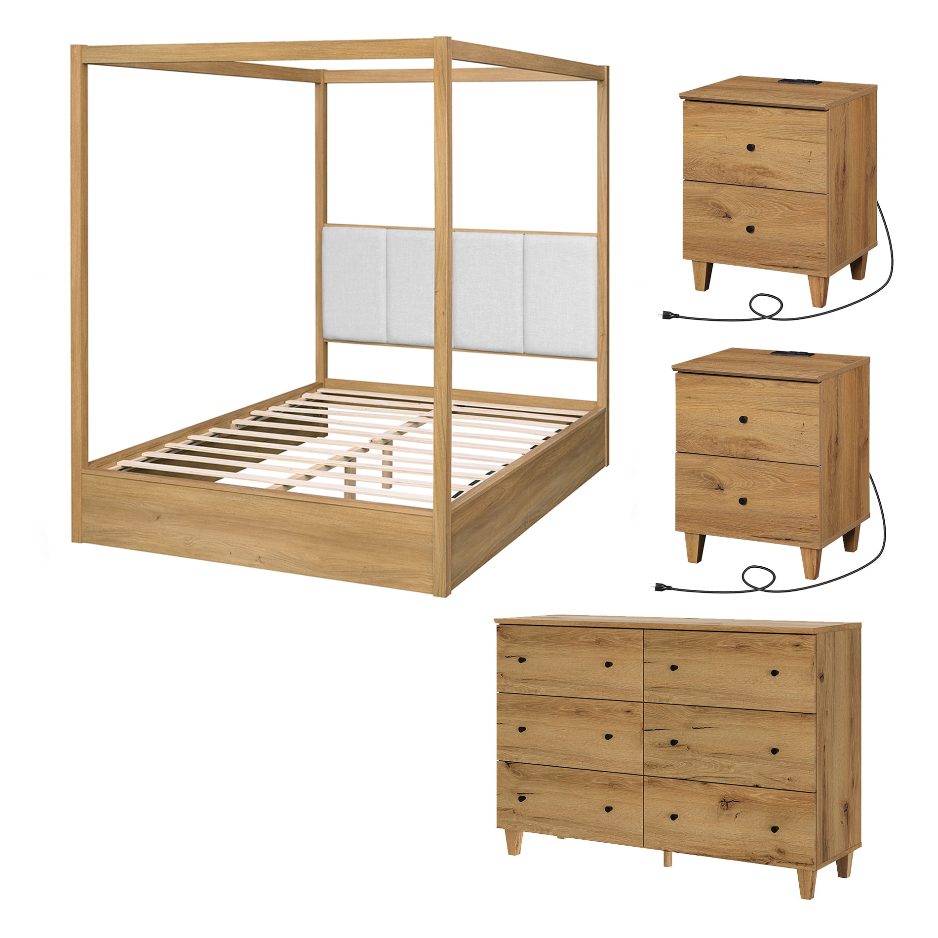 WAMPAT Modern Queen Size Canopy Bed Frame with 2 Charging Nightstands and 6-Drawer Dresser, Oak Brown