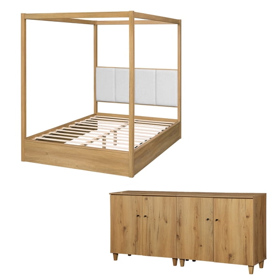 WAMPAT Modern Queen Size Canopy Bed Frame with 2-in-1 Large Storage Cabinets, Oak Brown