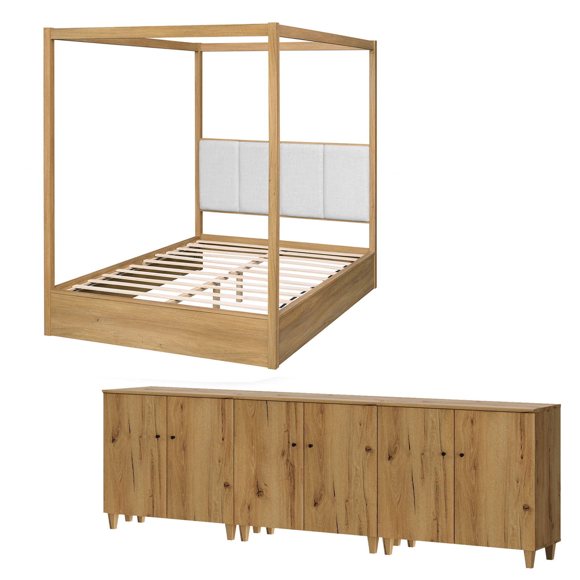 WAMPAT Modern Queen Size Canopy Bed Frame with 3-in-1 Large Storage Cabinets, Oak Brown