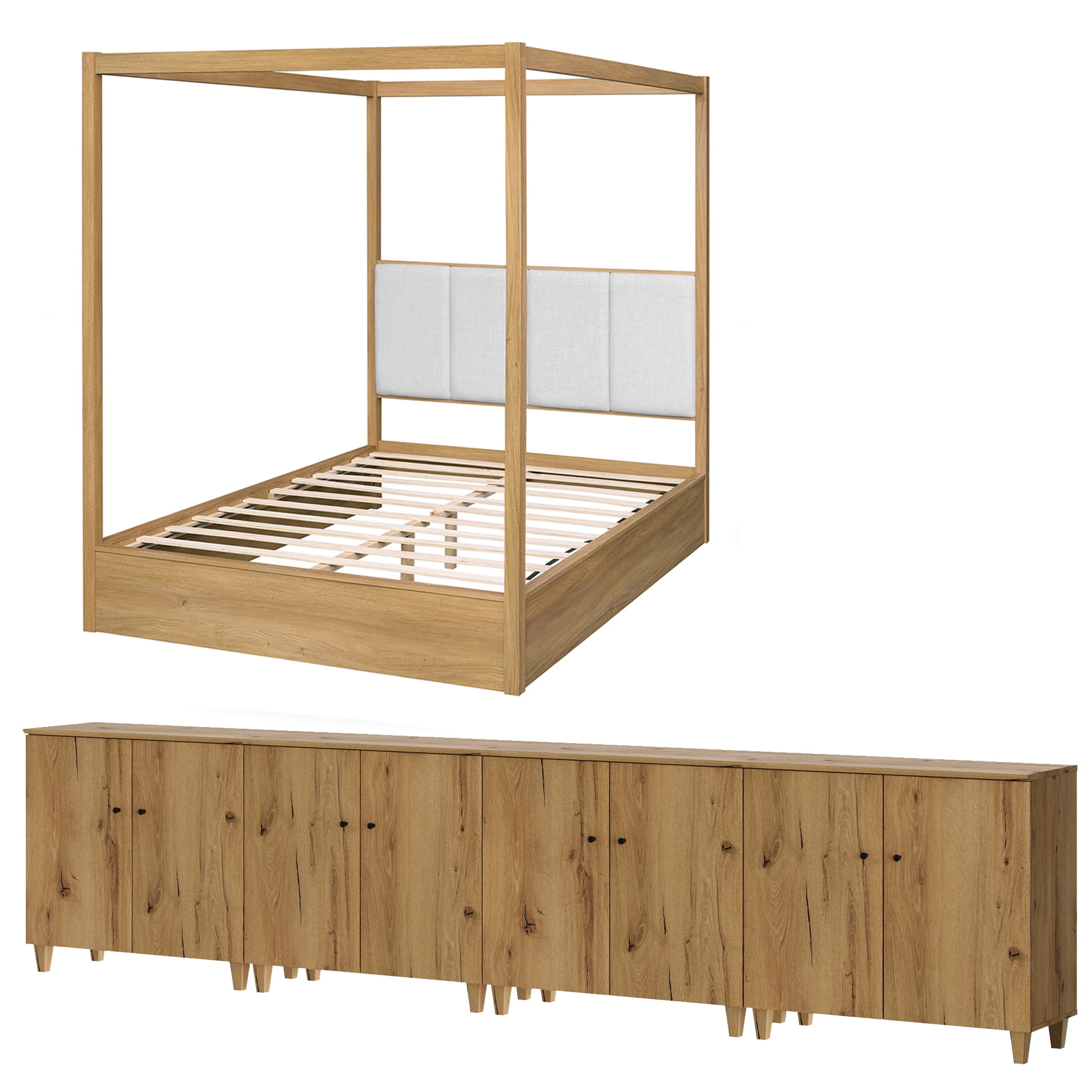 WAMPAT Modern Queen Size Canopy Bed Frame with 4-in-1 Large Storage Cabinets, Oak Brown
