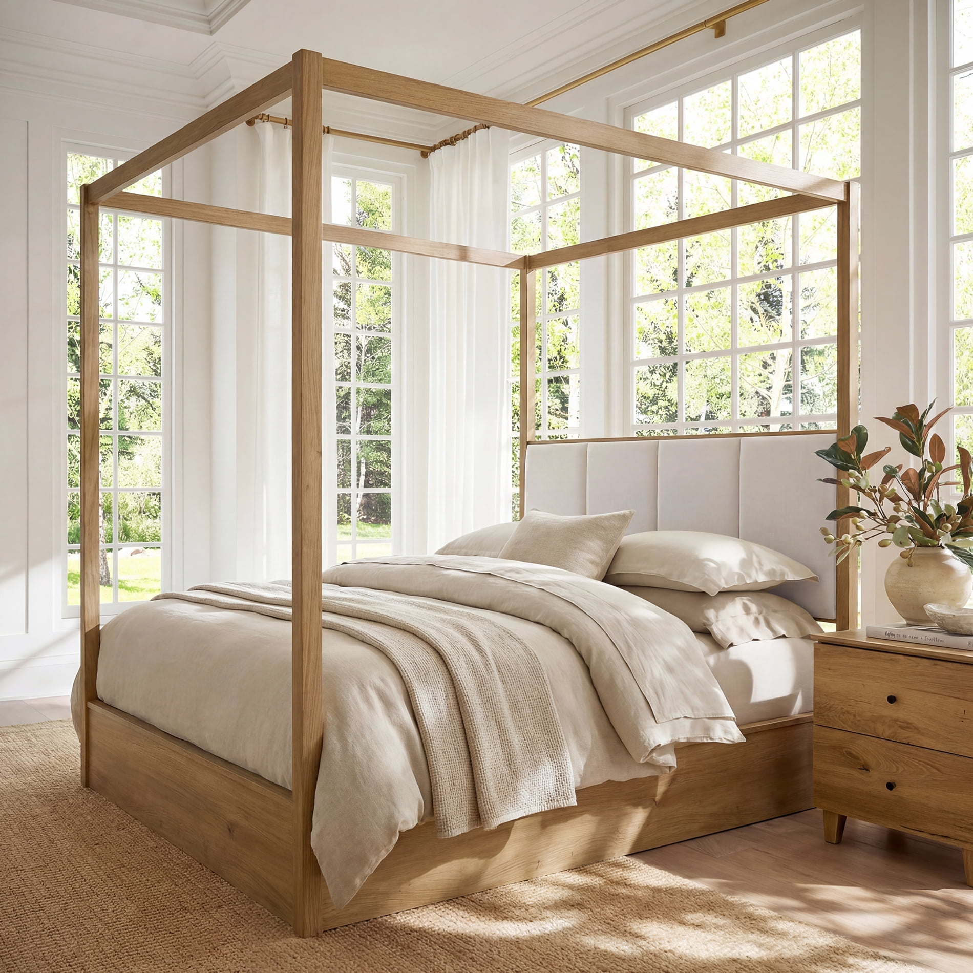 WAMPAT Modern Queen Size Canopy Bed Frame with Upholstered Headboard, No Box Spring Needed, Solid Wood 4 Poster Bed with Slats for Bedroom, Oak Brown