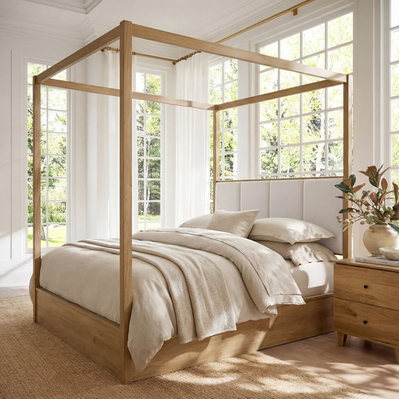 WAMPAT Modern Queen Size Canopy Bed Frame with Upholstered Headboard, No Box Spring Needed, Solid Wood 4 Poster Bed with Slats for Bedroom, Oak Brown