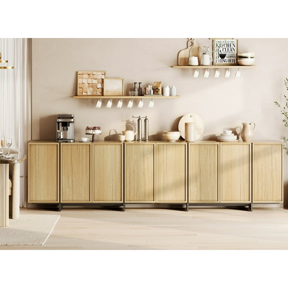 WAMPAT Modern Sideboard Buffet Cabinet with 8 Doors, Multifunctional Sideboard with Large Storage and T-Shaped Legs, Coffee Bar Cabinet Storage Cabinet for Kitchen, Dining Living Room, Oak