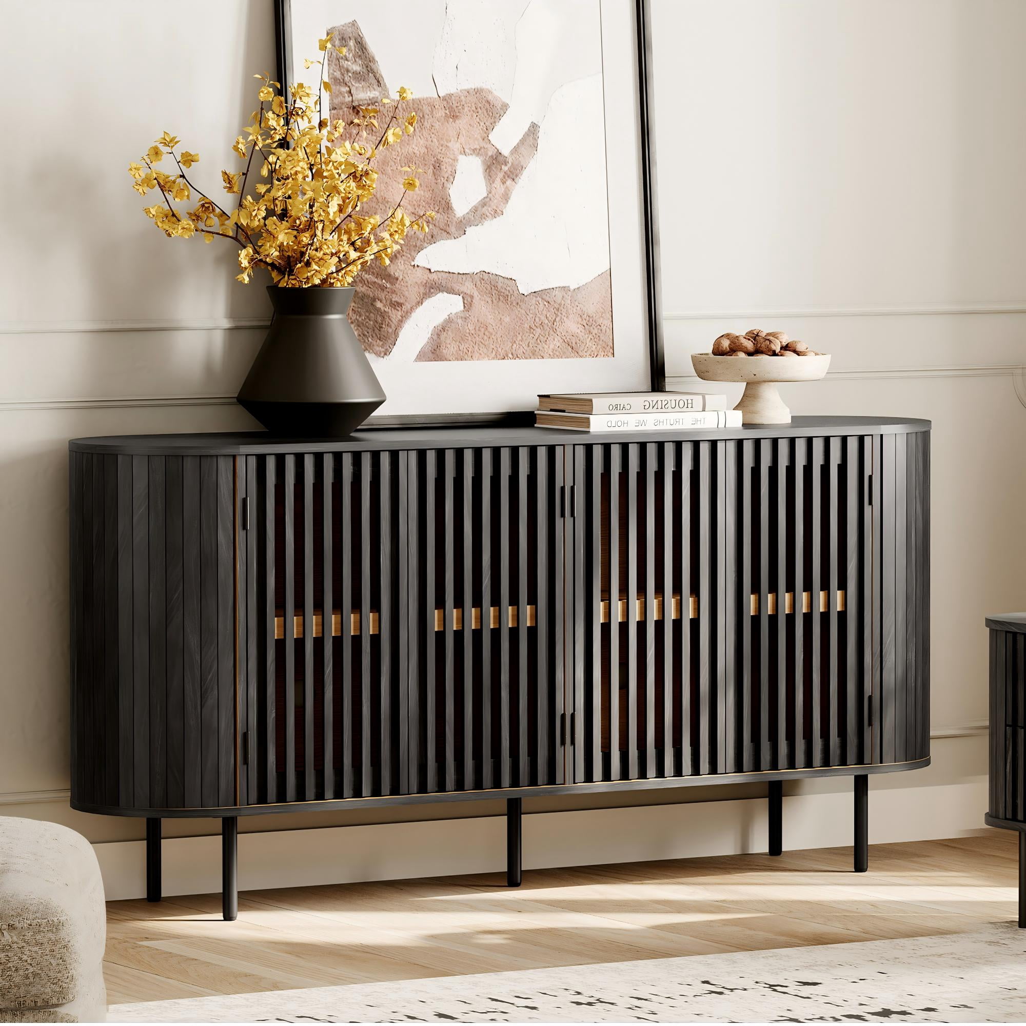 WAMPAT Modern Sideboard Buffet Cabinet with Storage, Wooden Accent Storage Cabinet with 4 Fluted Doors, Credenza with Curved Design for Dining Room, Living Room, Kitchen, Black