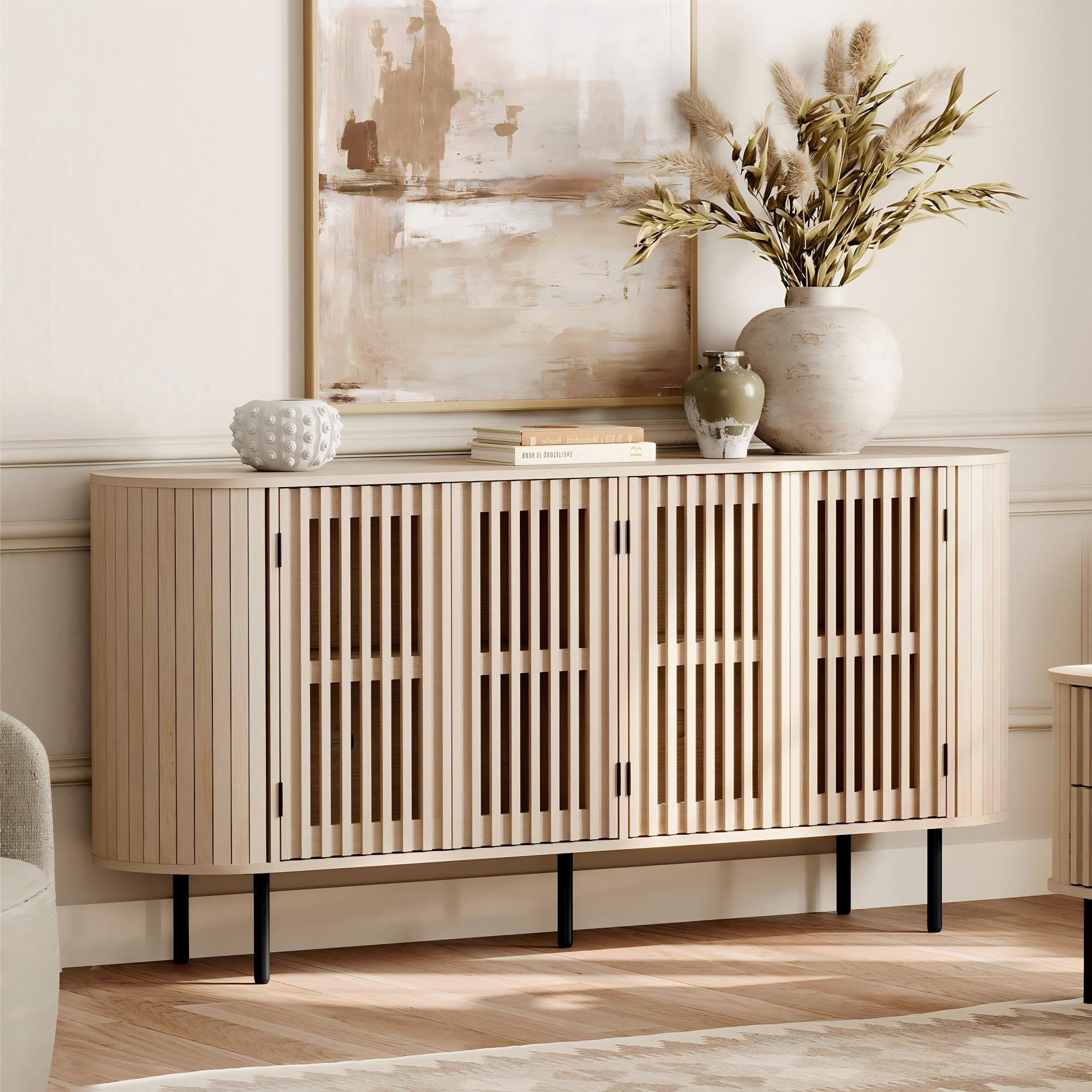 WAMPAT Modern Sideboard Buffet Cabinet with Storage, Wooden Accent Storage Cabinet with 4 Fluted Doors, Credenza with Curved Design for Dining Room, Living Room, Kitchen, Natural