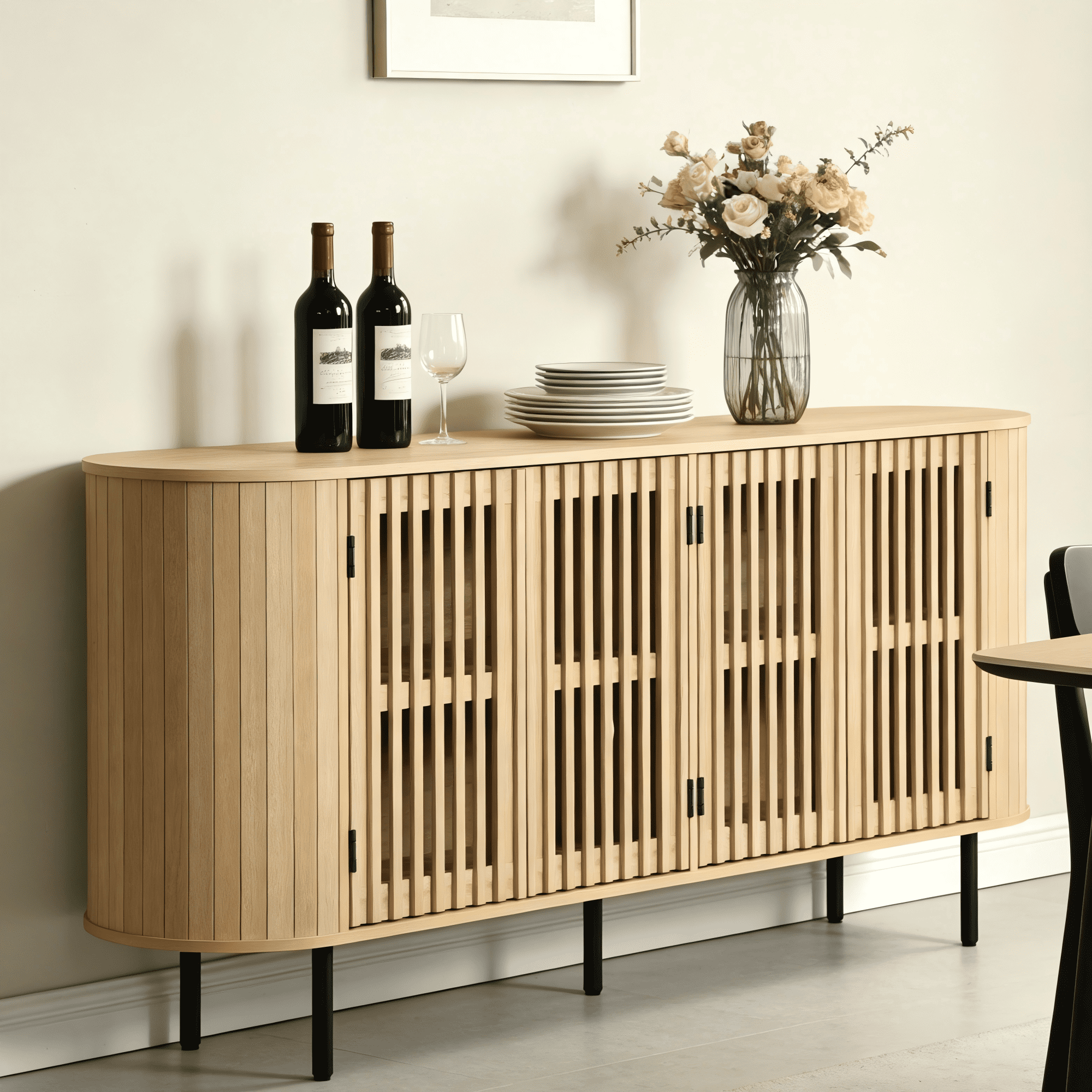 WAMPAT Modern Sideboard Buffet Cabinet with Storage, Wooden Accent Storage Cabinet with 4 Fluted Doors, Credenza with Curved Design for Dining Room, Living Room, Kitchen, Oak