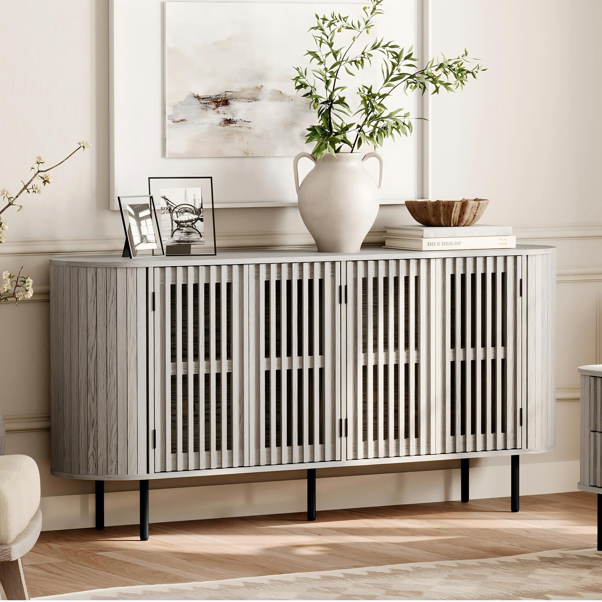 WAMPAT Modern Sideboard Buffet Cabinet with Storage, Wooden Accent Storage Cabinet with 4 Fluted Doors, Credenza with Curved Design for Dining Room, Living Room, Kitchen, White Washed