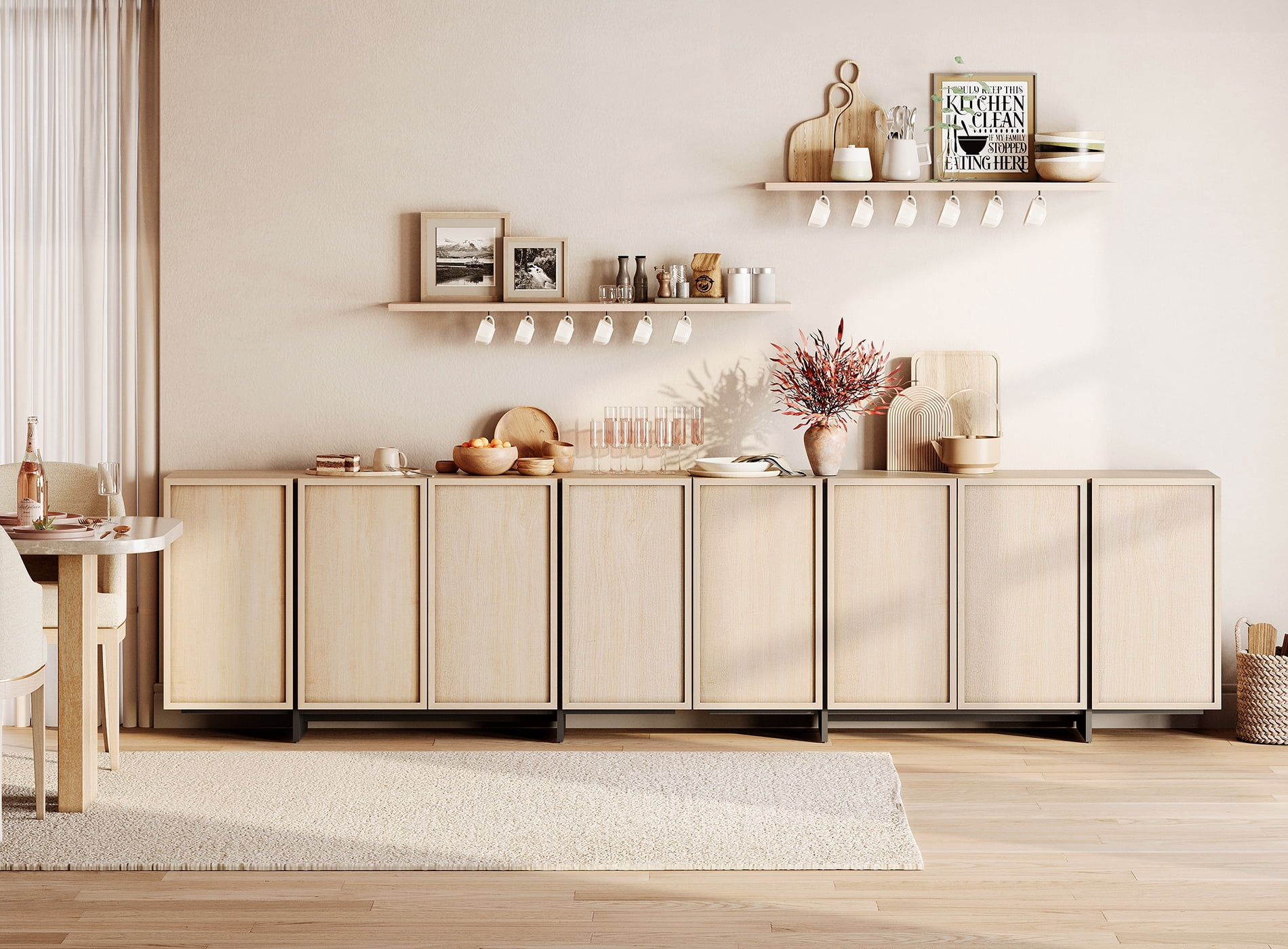 WAMPAT Modern Sideboard Buffet Cabinet with 6 Large Storage Cabinets, Coffee Bar Cabinet with T-Shaped Legs for Living Room and Kitchen, Light Oak