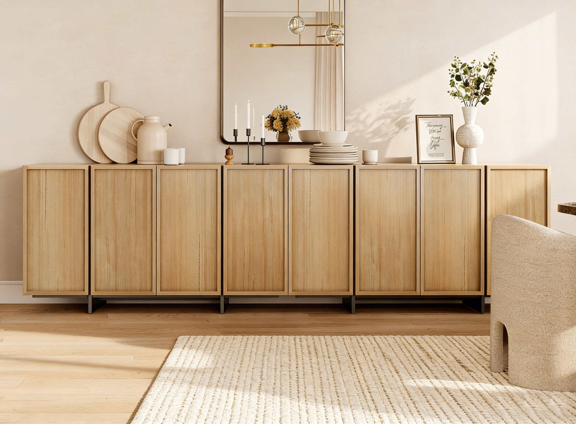 WAMPAT Modern Sideboard Buffet Cabinet with 6 Large Storage Cabinets, Coffee Bar Cabinet with T-Shaped Legs for Living Room and Kitchen, Oak