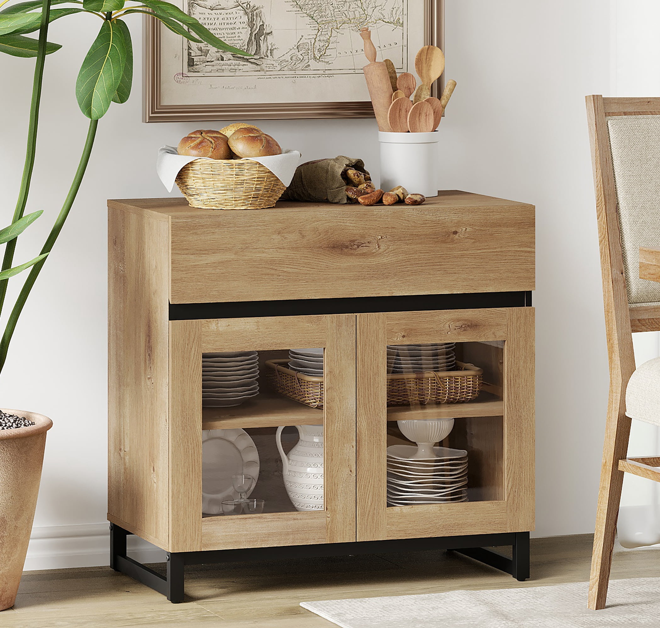 WAMPAT Modern Sideboard Buffet Cabinet with Glass Door & 1 Drawer, Adjustable Shelf Credenza, Coffee Bar Storage Cabinet for Living Room & Kitchen