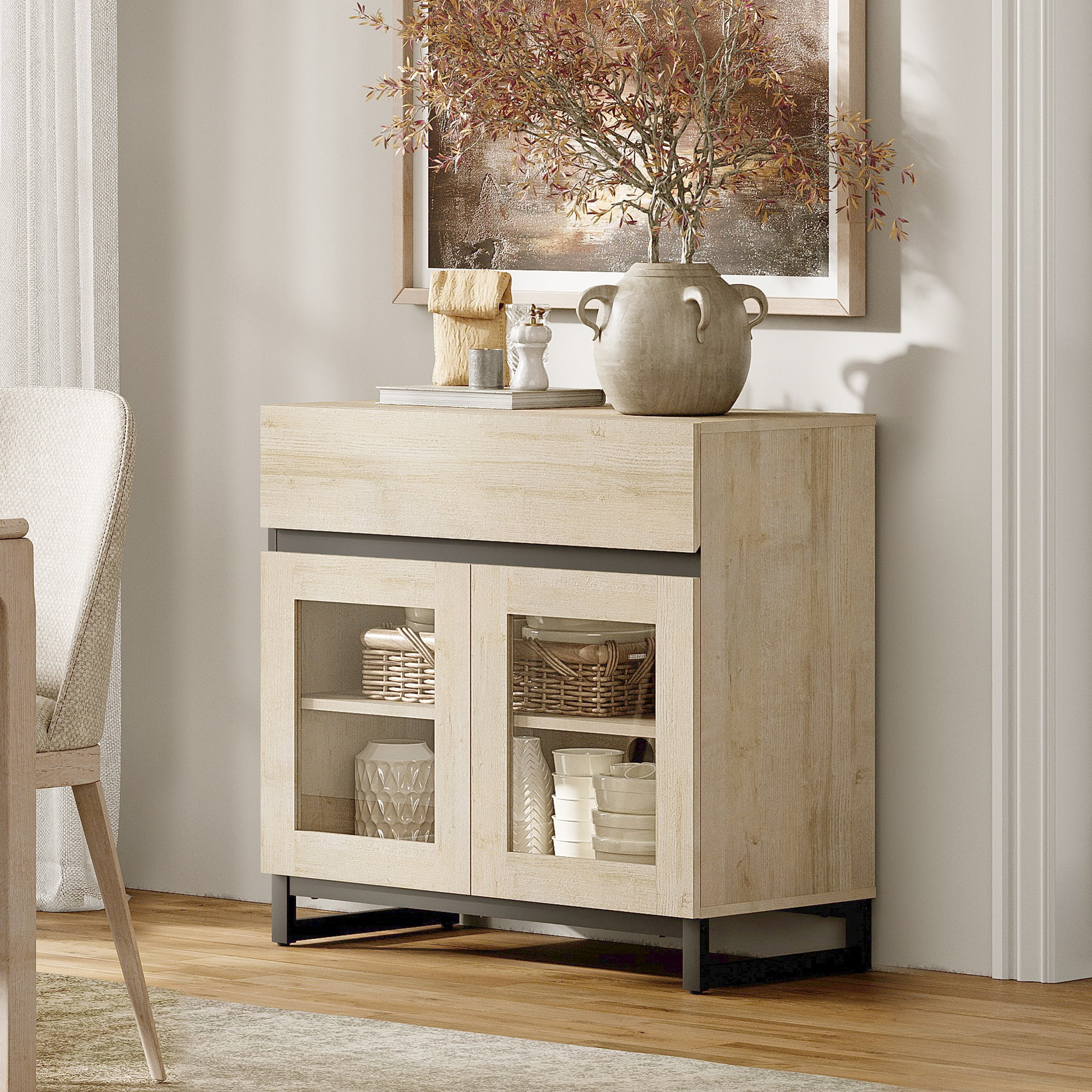 WAMPAT Modern Sideboard Buffet Cabinet with Glass Door & 1 Drawer, Adjustable Shelf Credenza, Coffee Bar Storage Cabinet for Living Room & Kitchen