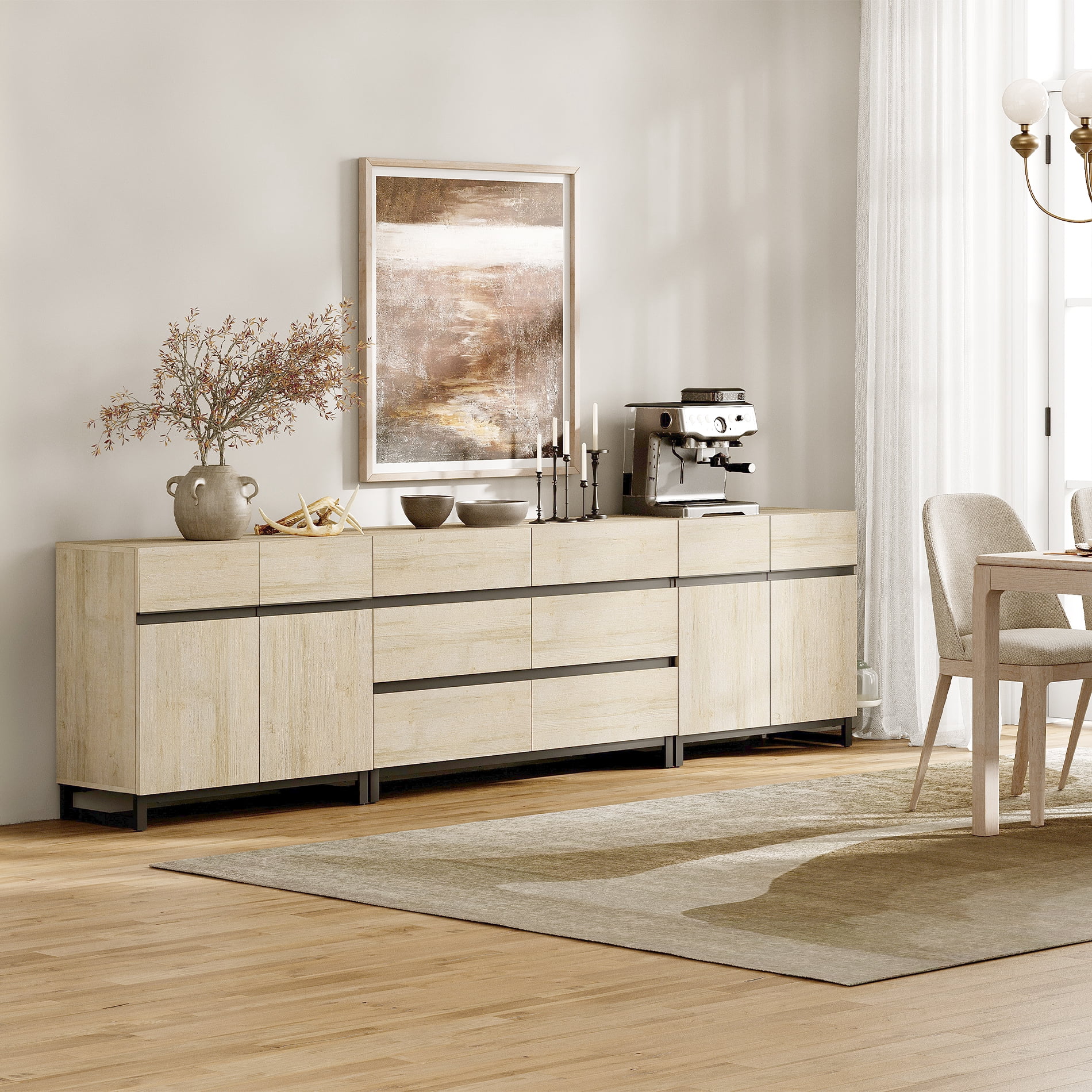 WAMPAT Modern Sideboard with Adjustable Shelves, 3 in 1 Storage Cabinet, Coffee Bar Cabinet for Living Room, Kitchen, Beige