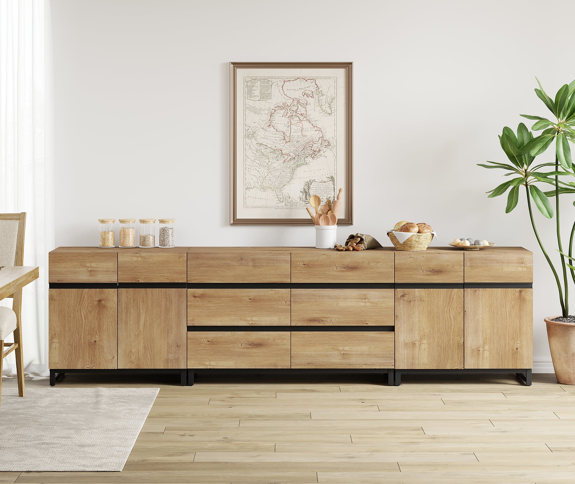 WAMPAT Modern Sideboard with Adjustable Shelves, 3 in 1 Storage Cabinet, Coffee Bar Cabinet for Living Room, Kitchen, Oak