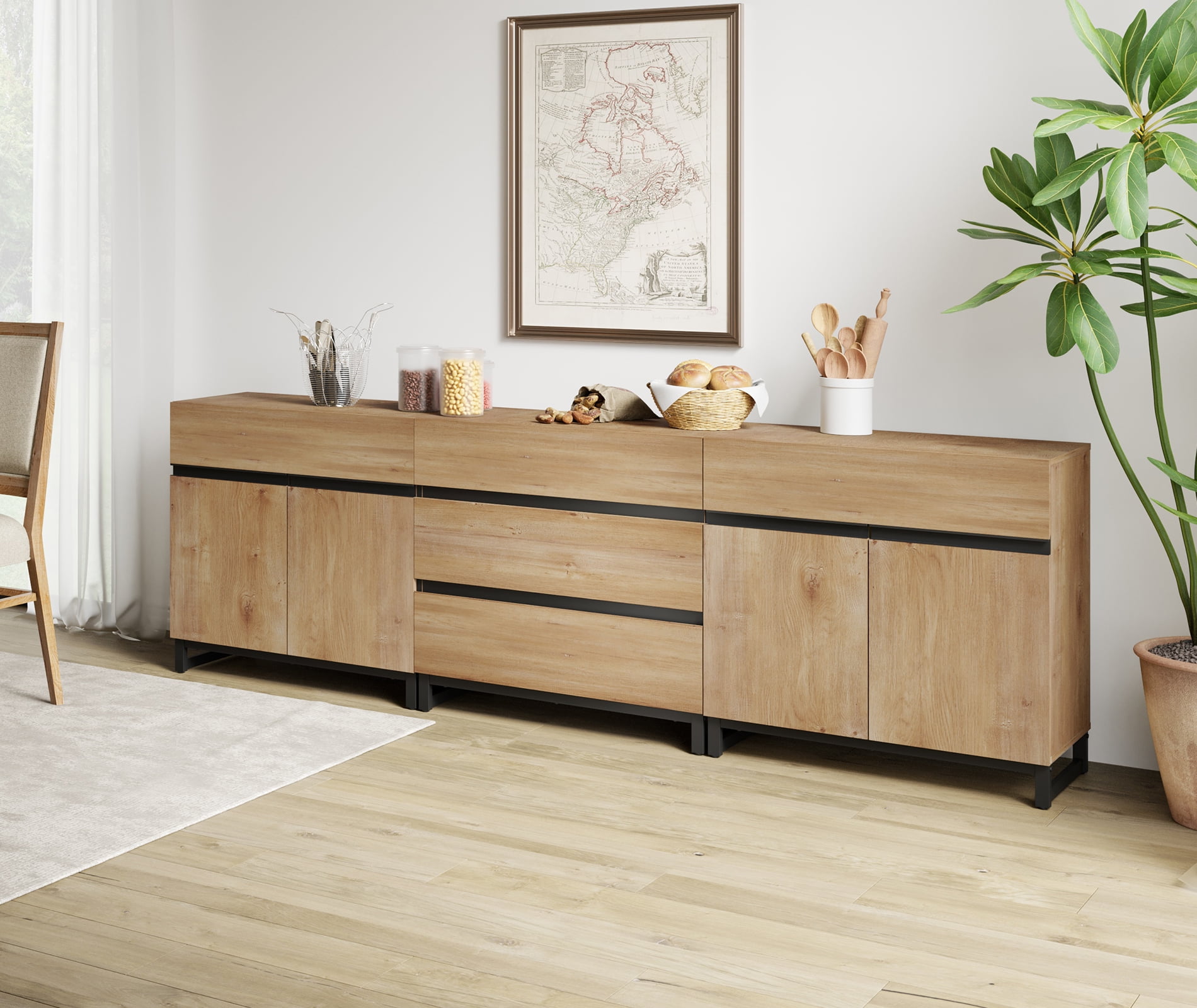 WAMPAT Modern Storage Cabinet, 3 In 1 Modern Sideboard With Adjustable Shelves And 3 Drawers, Coffee Bar Cabinet For Living Room, Dining Room